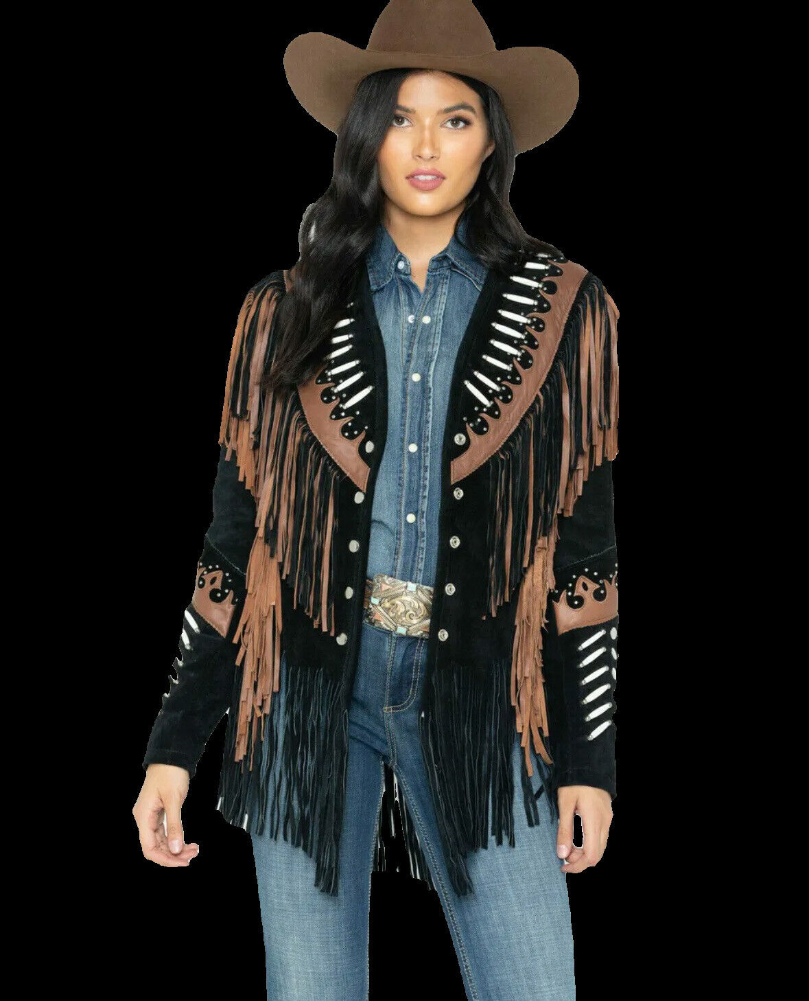 Women’s Native Western Cowgirl Style Suede Leather Jacket coat with Fringes