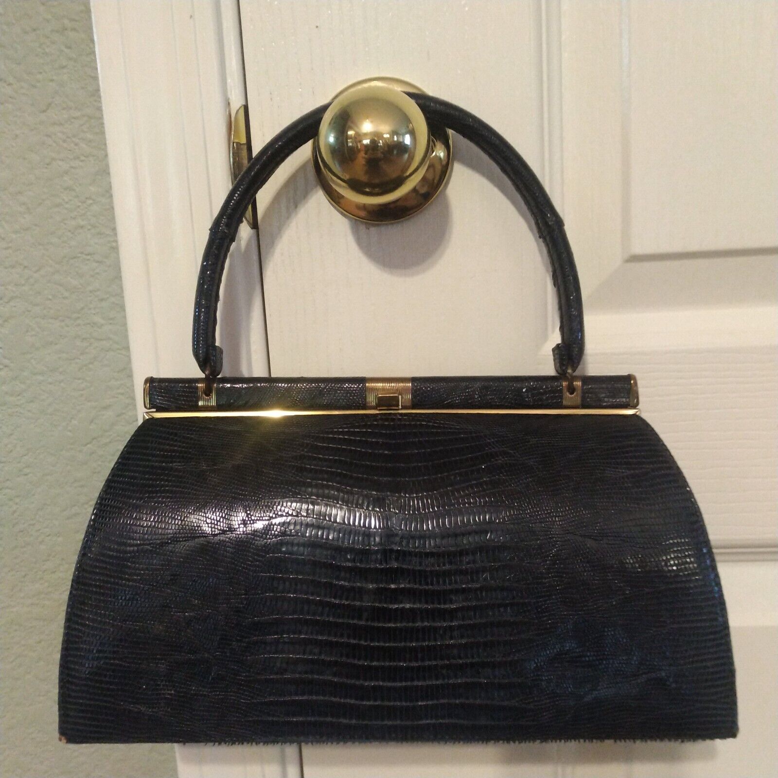 Vintage Bellestone Black Genuine Reptile Skin Leather Handbag w/ Gold Hardware
