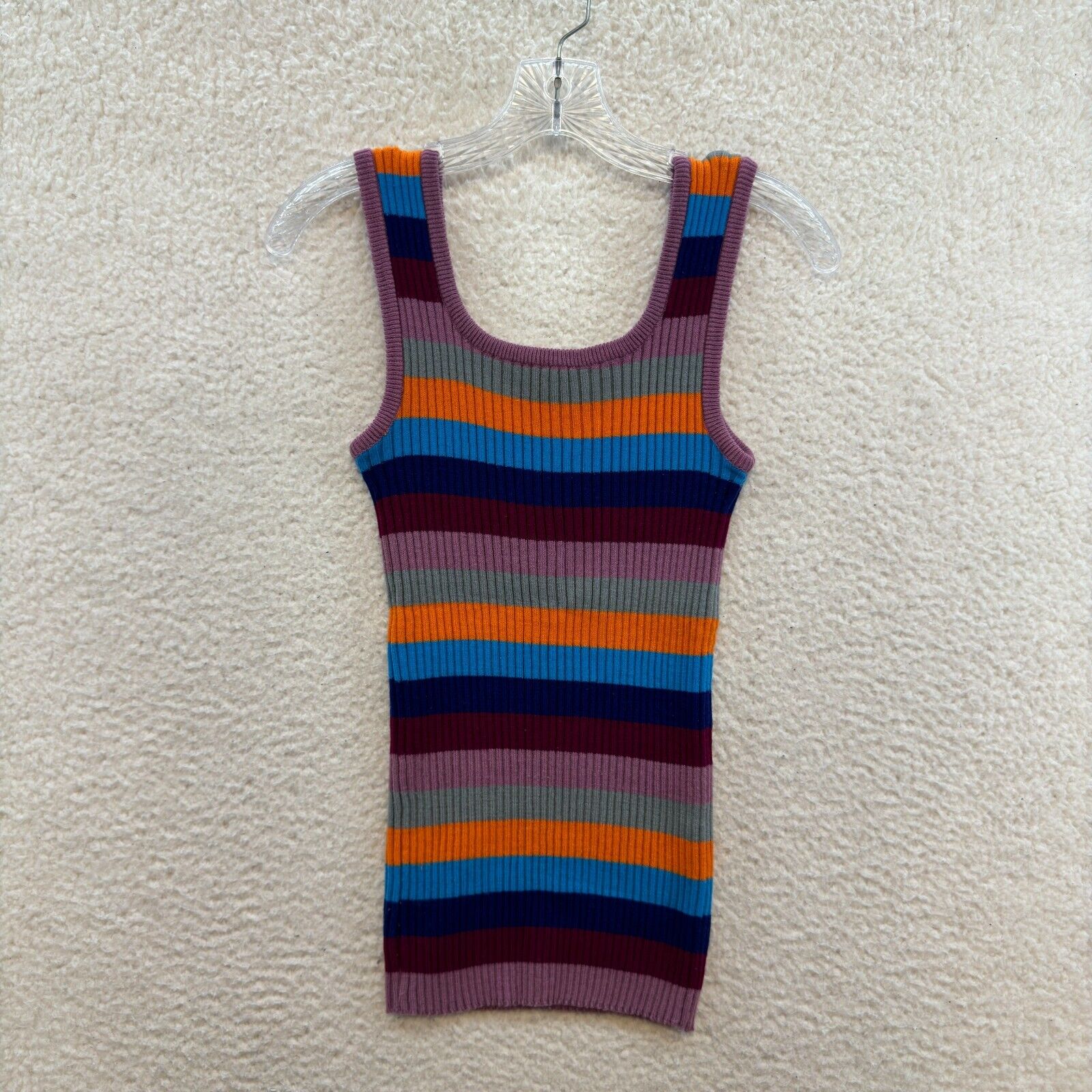 70s 80s Vintage Tank Top 38 L Large Womens Colorful Striped Rib Knit