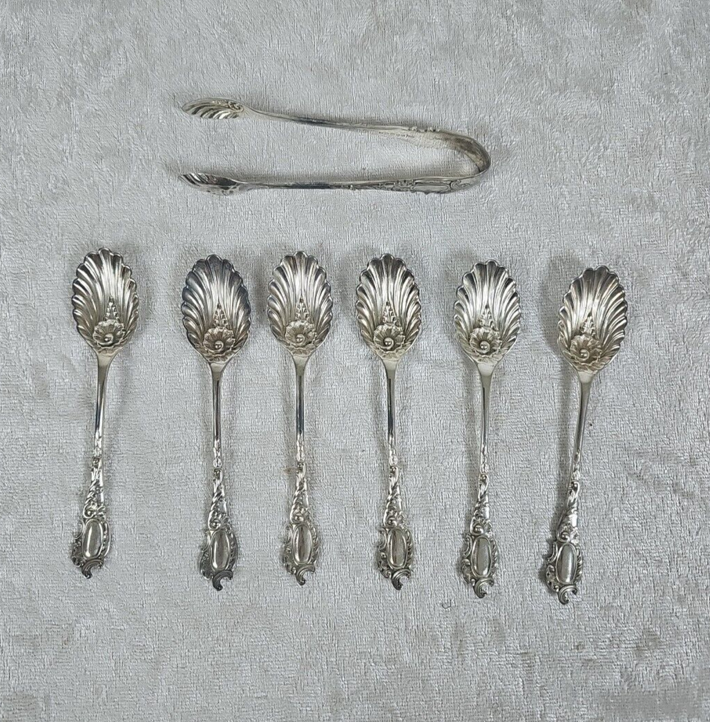 W&H Sterling Silver Serving Spoons Shell Shaped sugar clip vintage antique