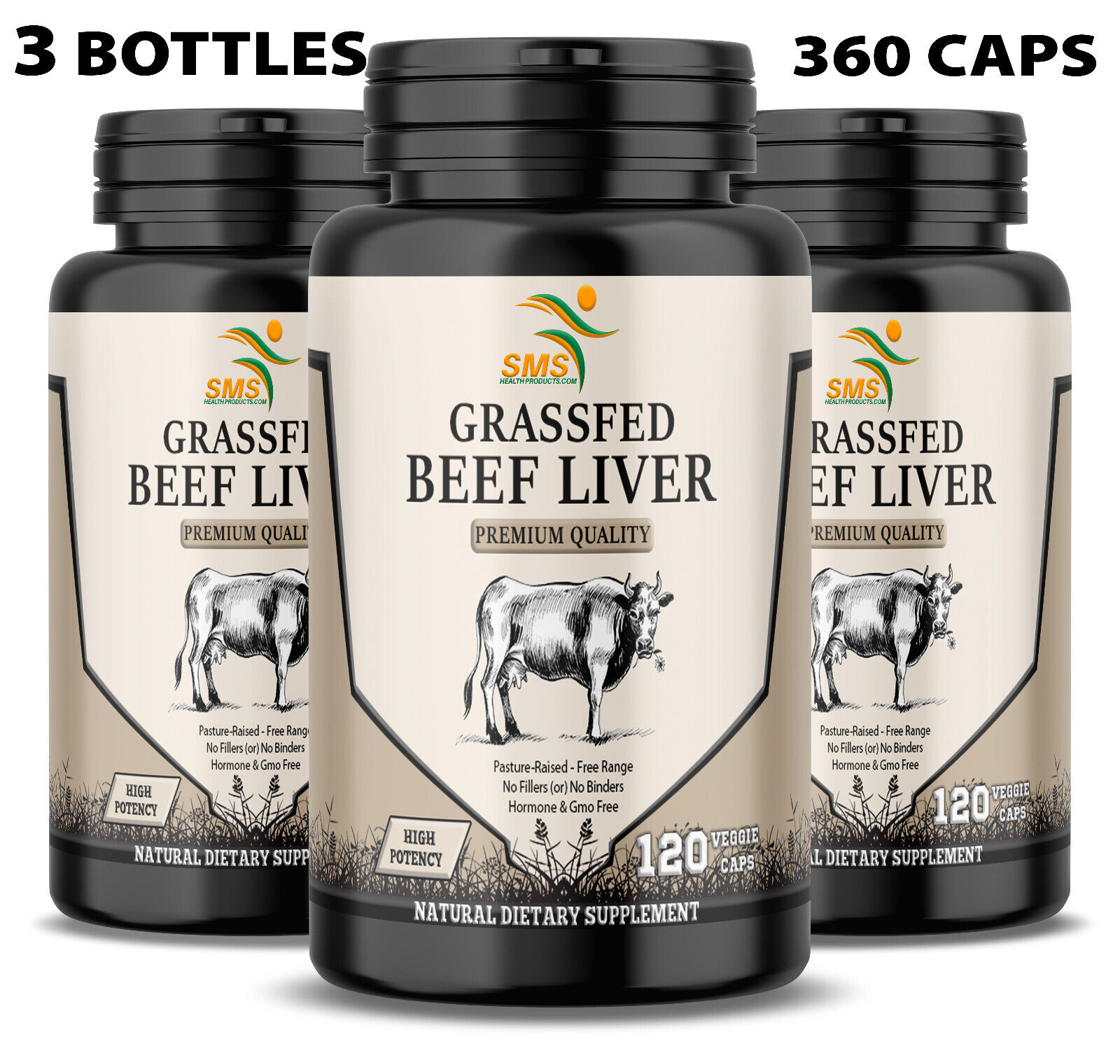 Desiccated Beef Liver Capsules, 100% Grass Fed Undefatted (3 Pack) 360 Capsules