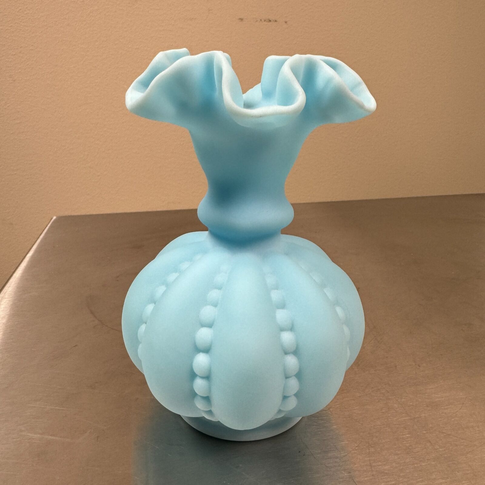VTG Fenton Satin Powder Baby Blue Ruffled Melon Beaded Vase