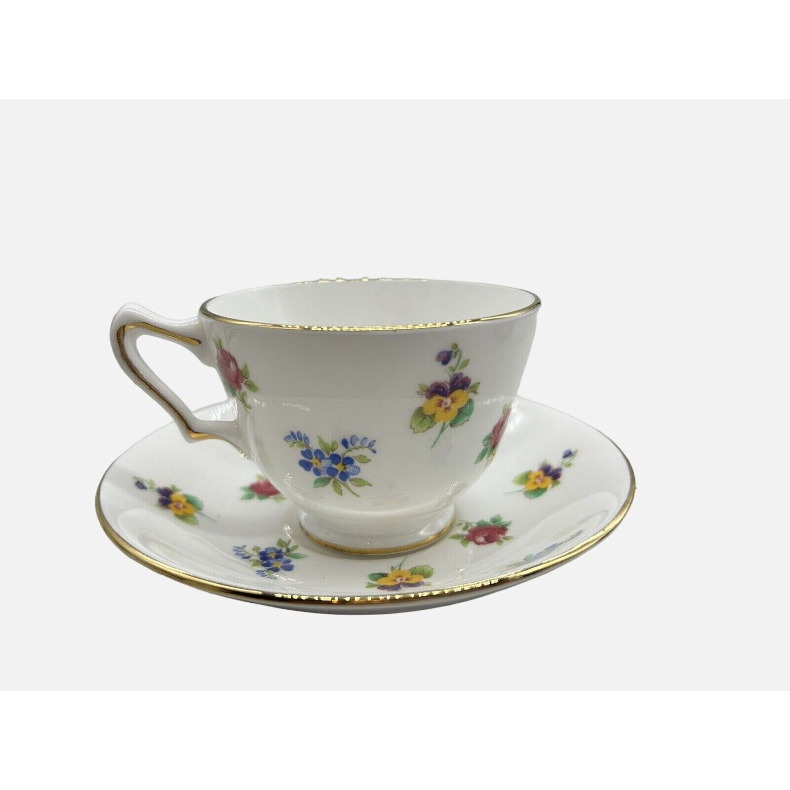 VINTAGE Crown Staffordshire Tea Cup & Saucer Rose Pansy Flowers Fine Bone China