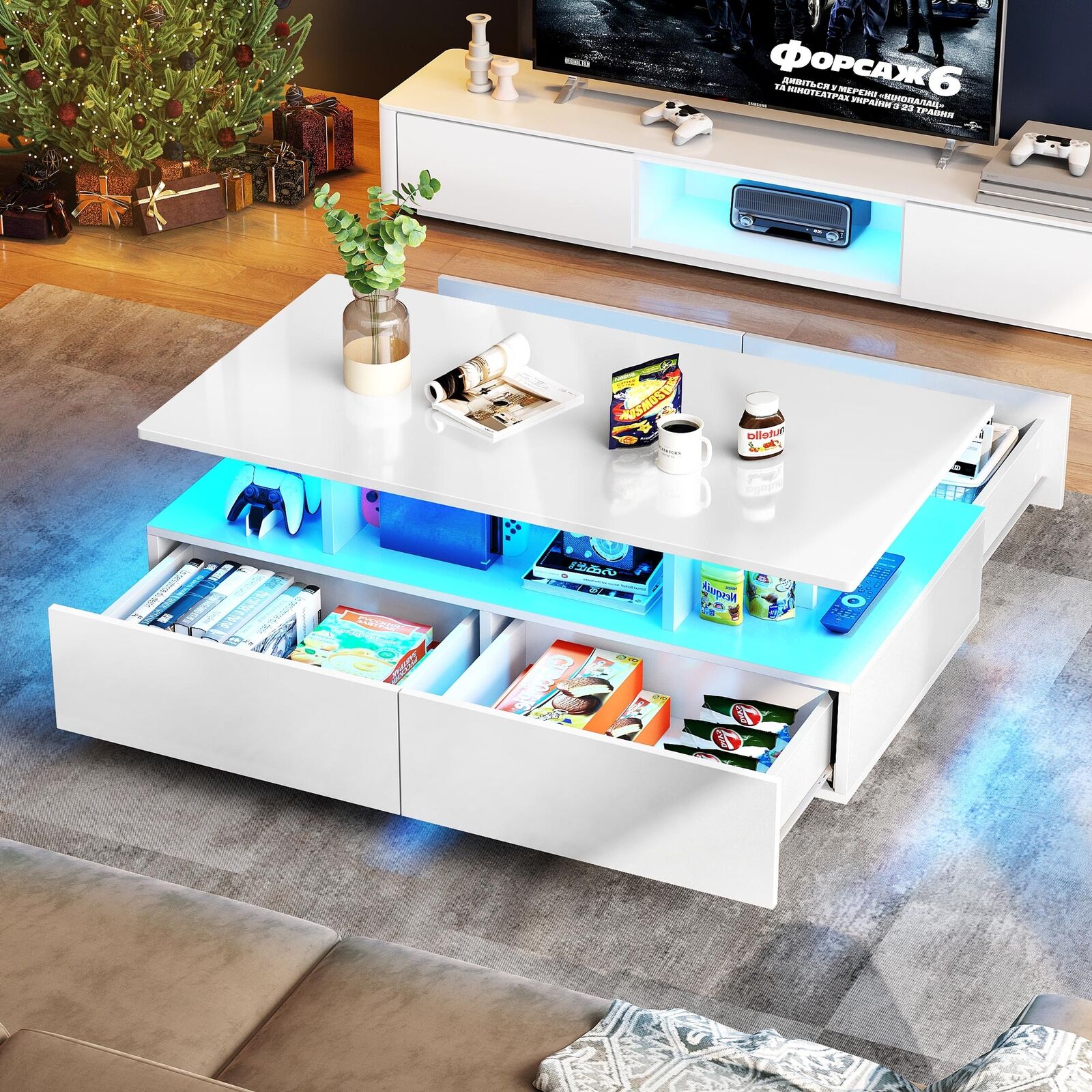 Modern White Coffee Table High Gloss with LED Light & Storage Drawer Living Room