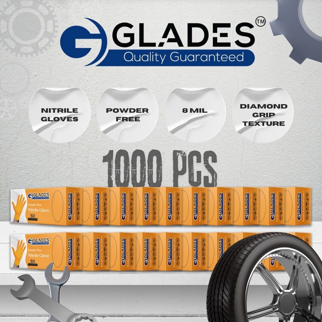 GLADES™ ORANGE NITRILE GLOVES HEAVY DUTY DIAMOND GRIP PF LARGE 8MIL 1000 PCS