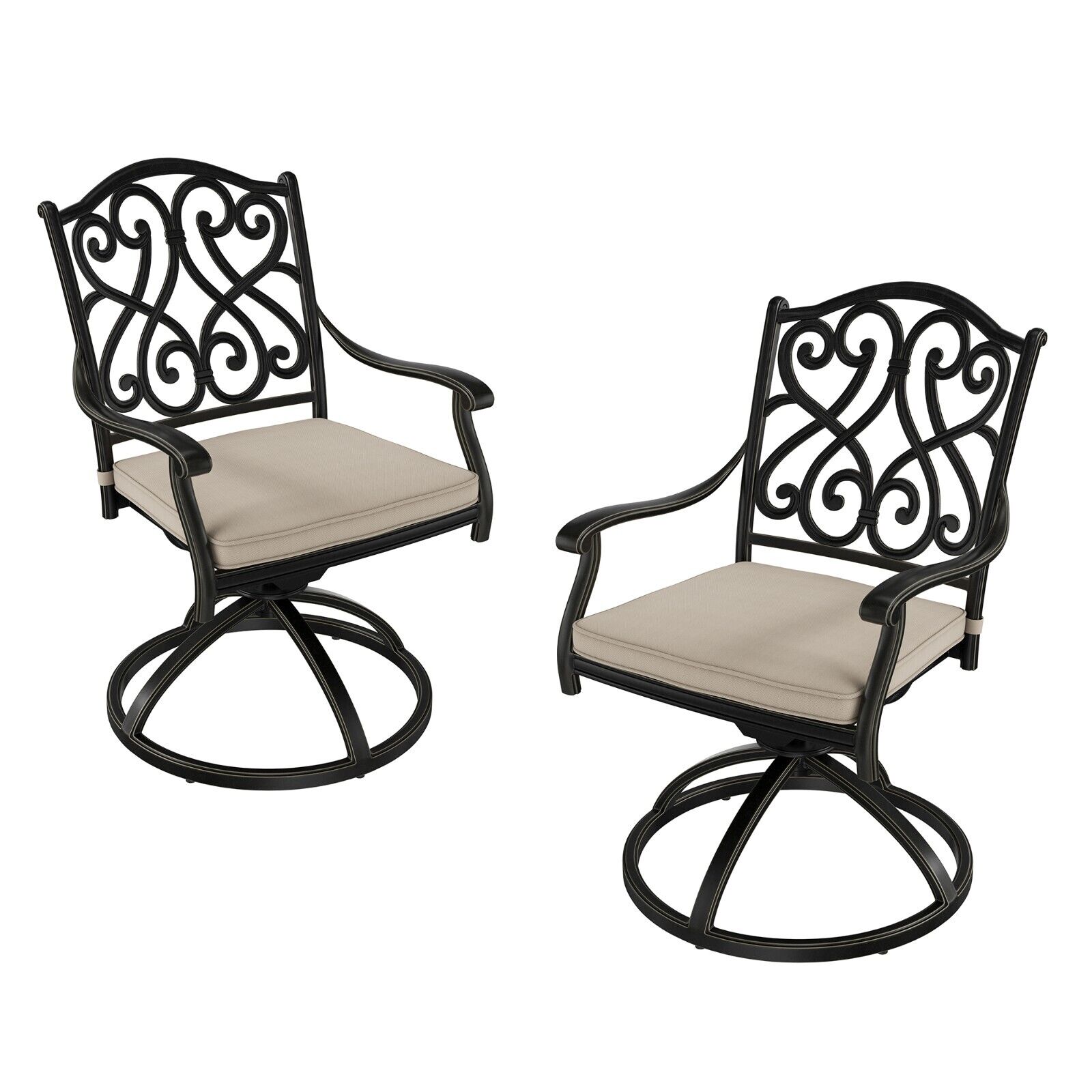 Clihome Set of 2 Cast Aluminum Patio Vintage Carved Swivel Chairs with Cushions