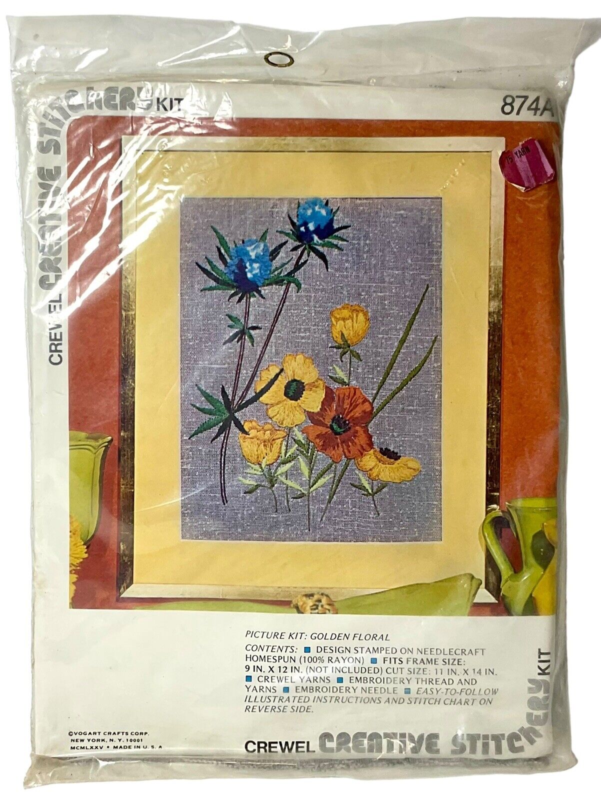 Vintage Vogart Crafts Crewel Creative Stitchers Kit 874A Golden Floral 9”x12”
