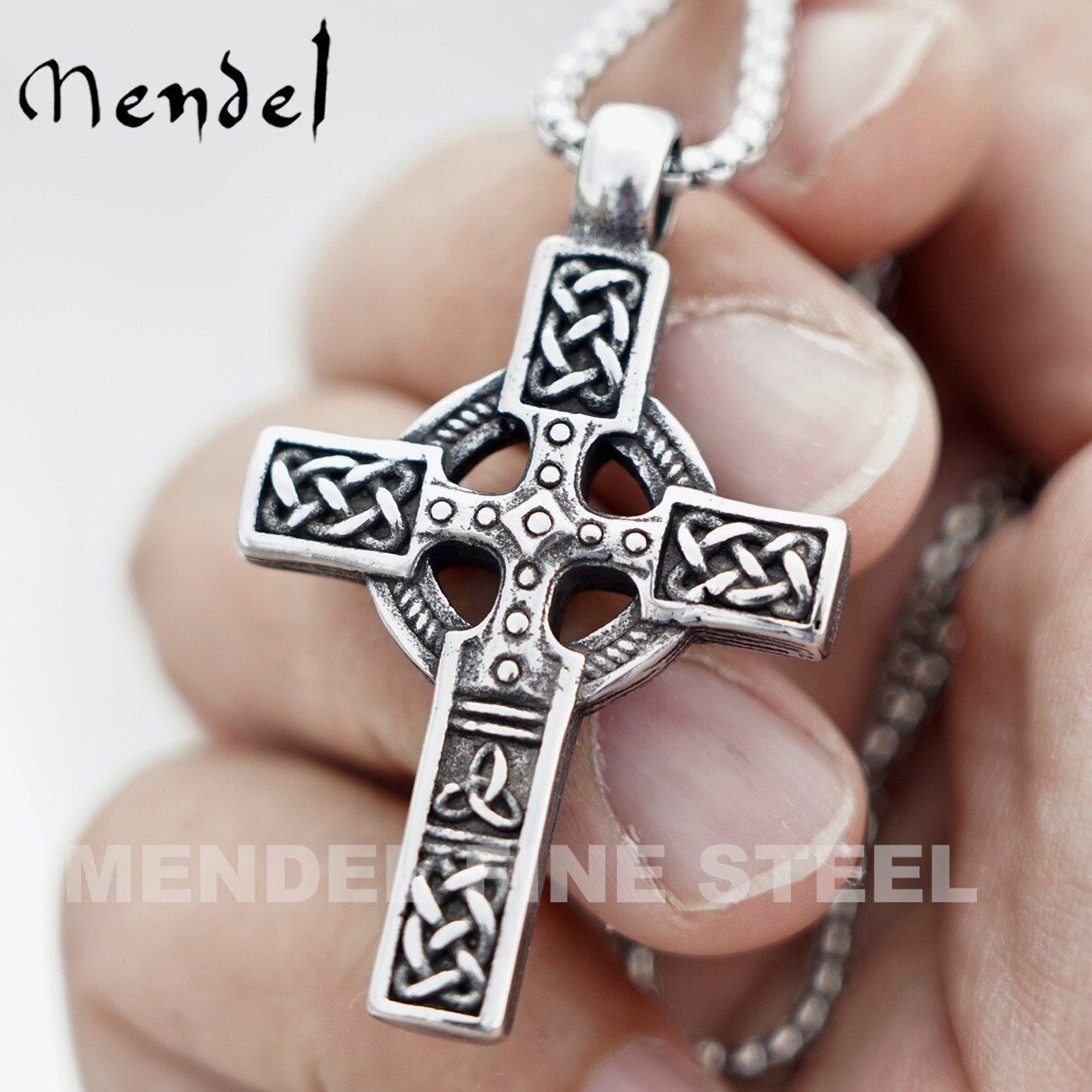 MENDEL Mens Irish Celtic Trinity Knot Cross Pendant Necklace Stainless Steel Set