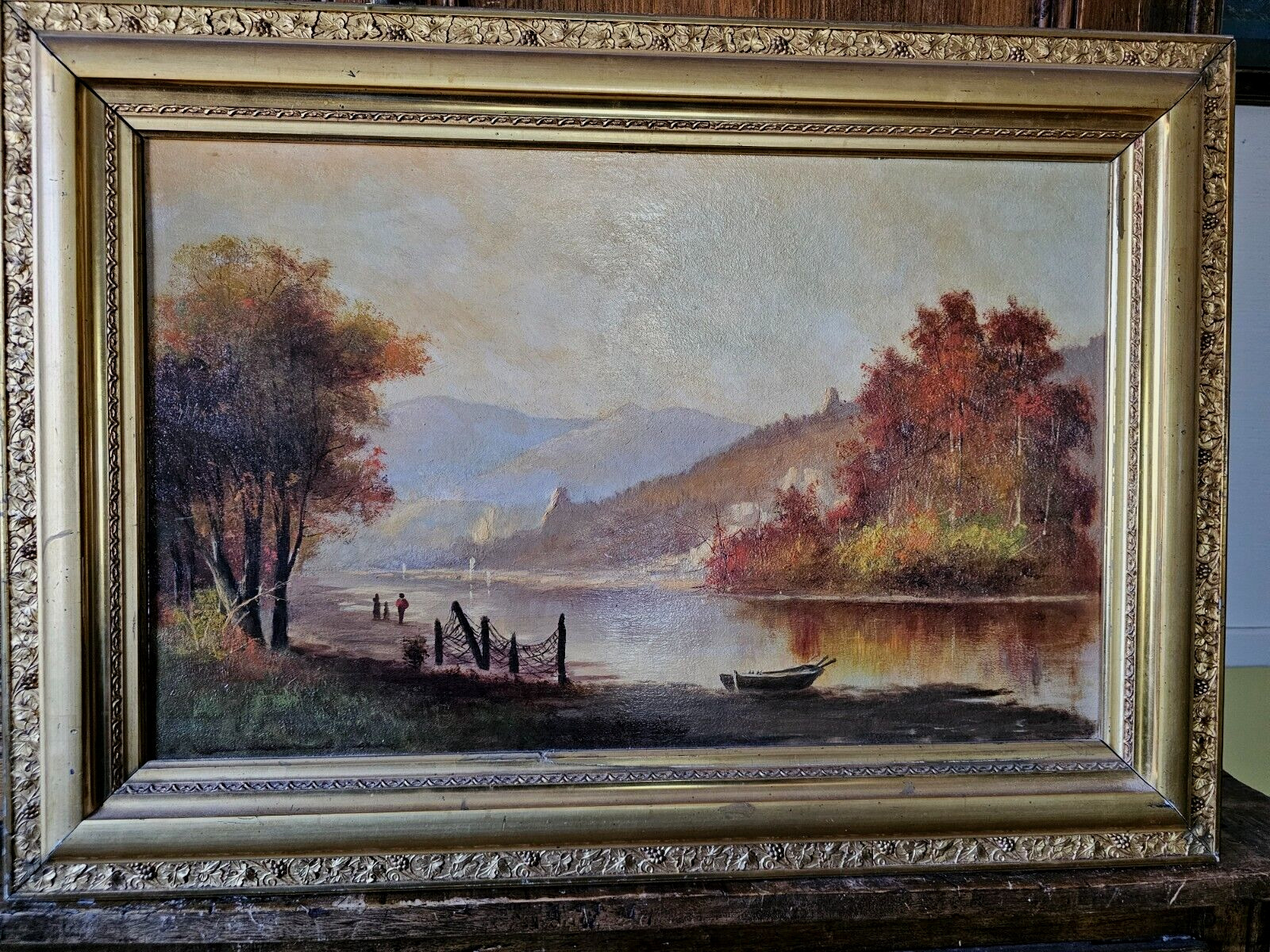 19th Century Antique Oil Painting River Bank Framed 27.5x19.5\