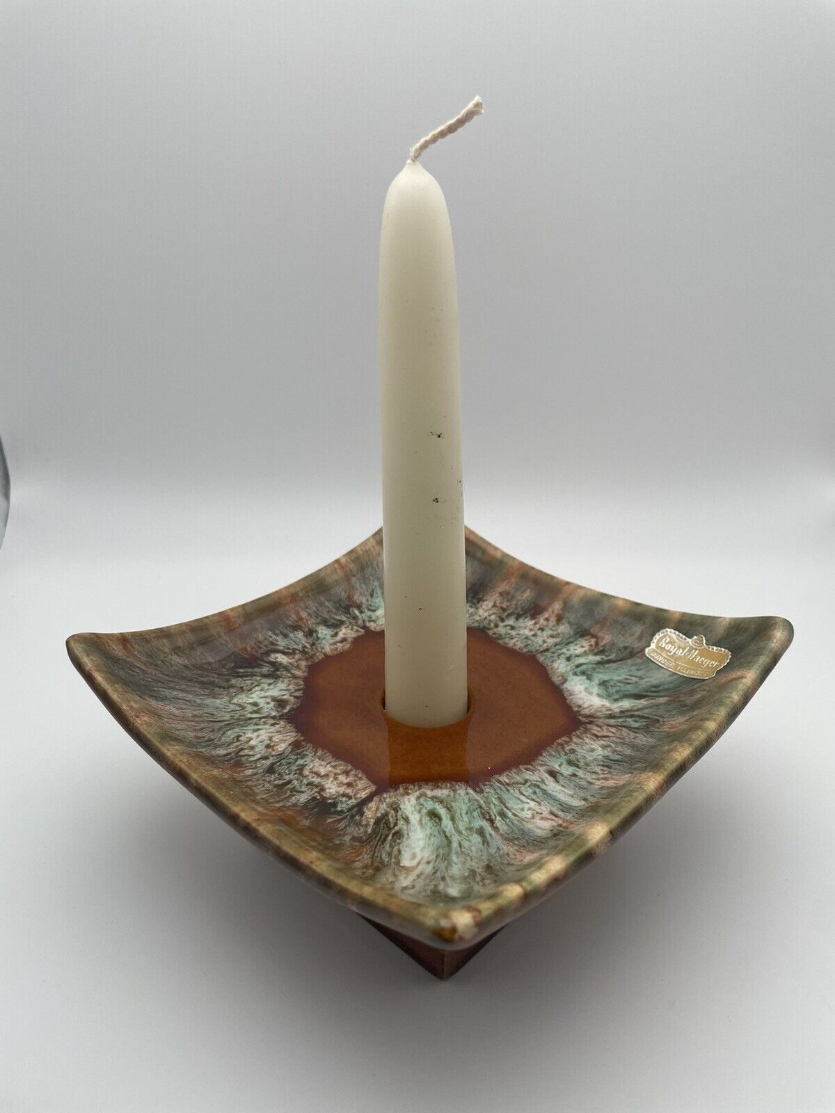 Royal Haeger Square Brown And Green Mid Century Candle Holder