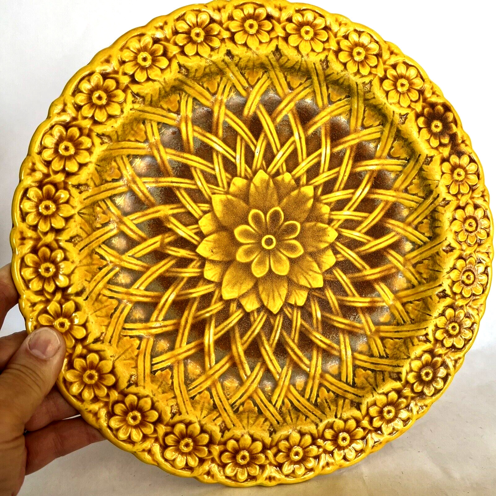 Minton Victorian Yellow Orange Lattice Basket Weave Pattern Majolica 1800s A707
