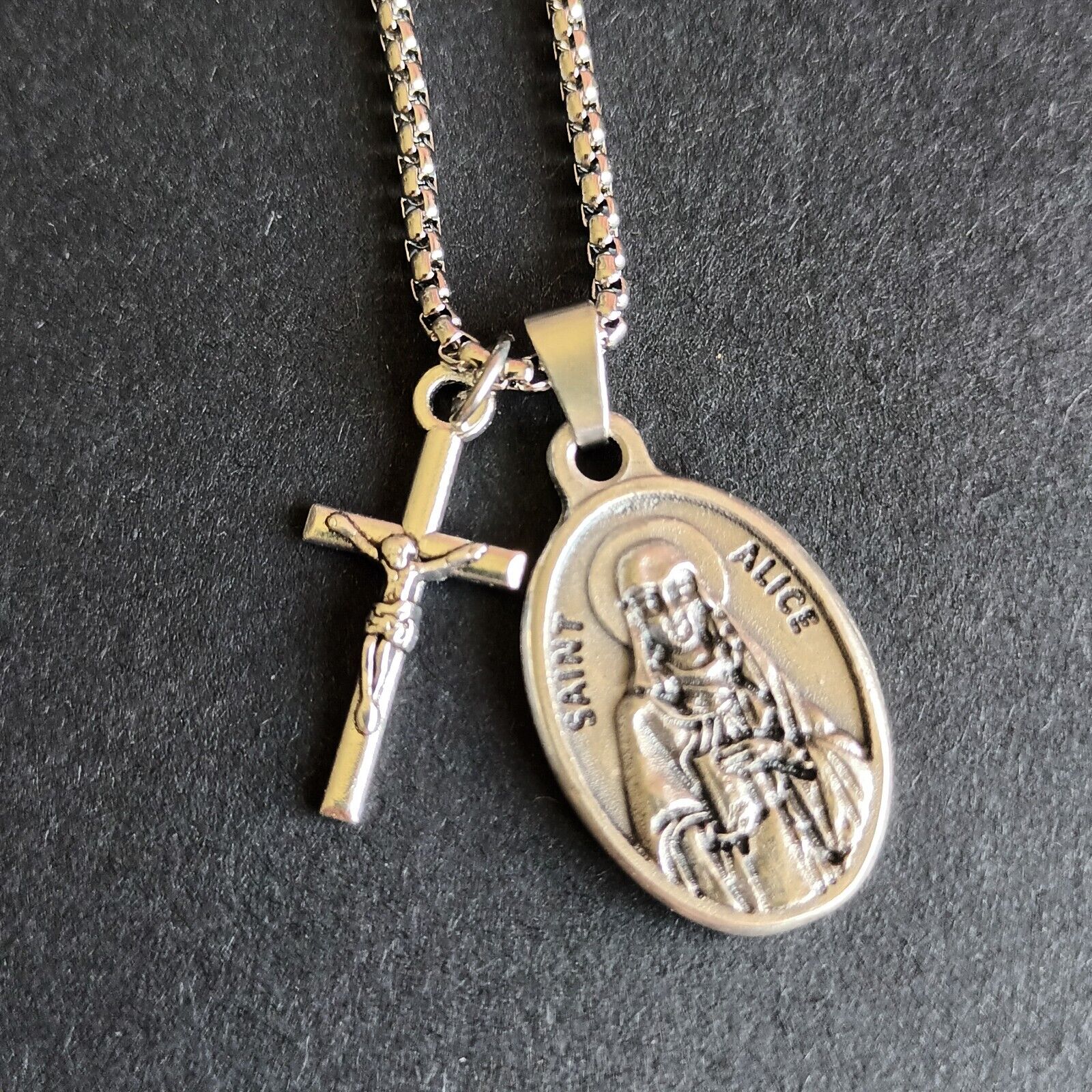 St Alice necklace. Stainless steel chain with medal and cross.