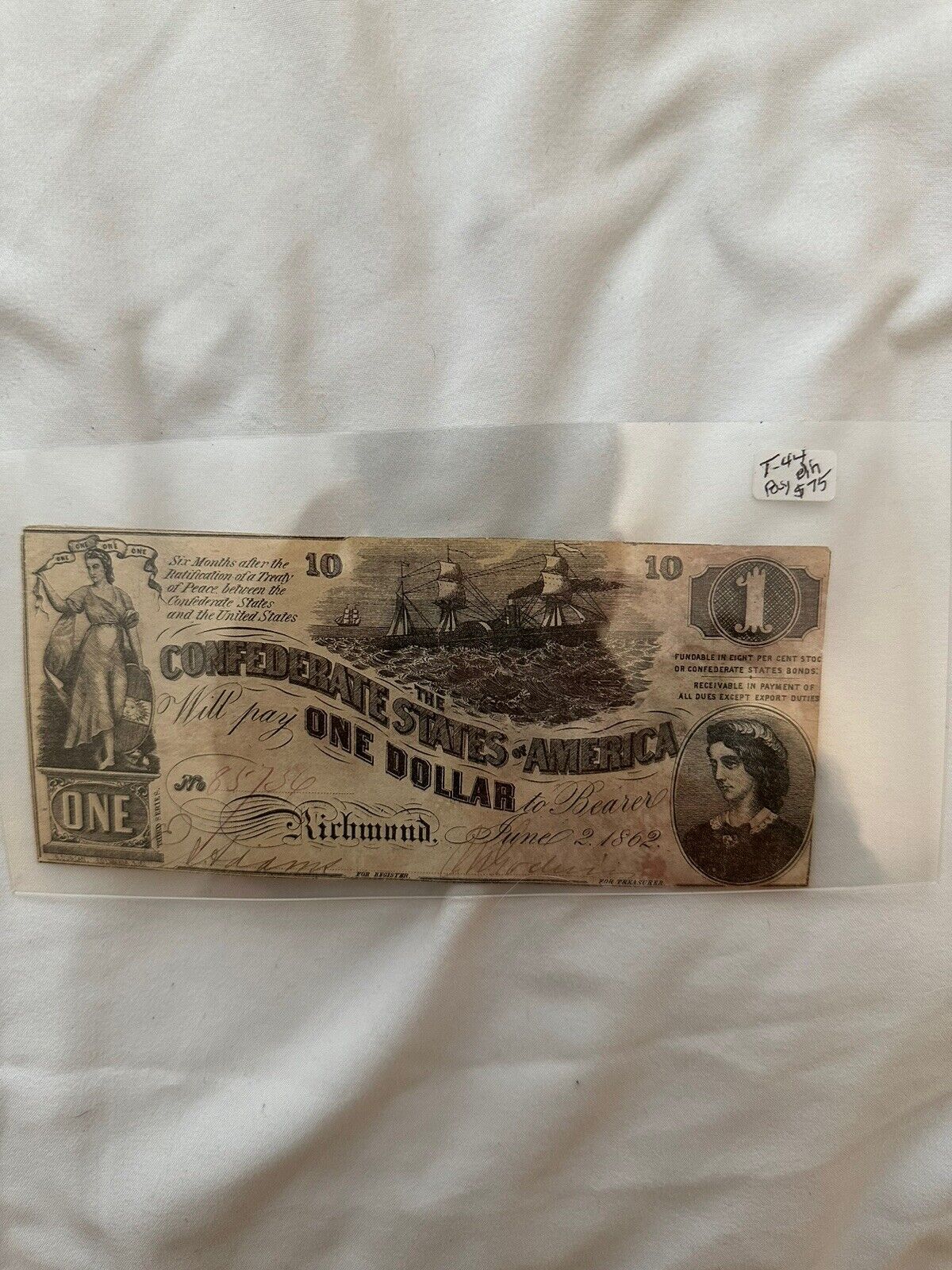 T 44- 1862 $1 Dollar Confederate States Civil War Bank Note
