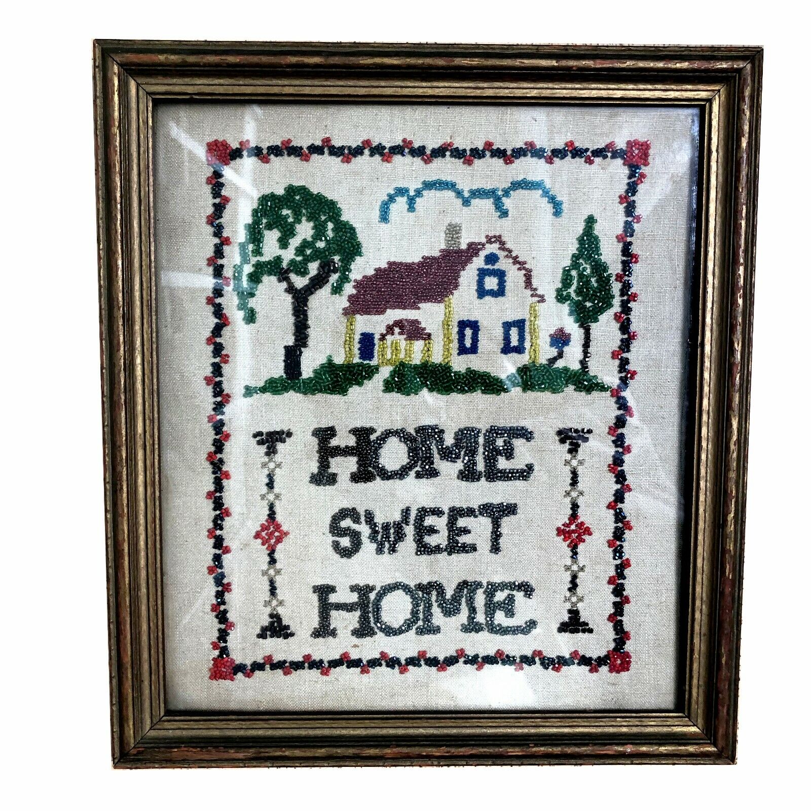 Antique Sampler Framed Beaded Embroidery Cross Stitch Farmhouse Boho