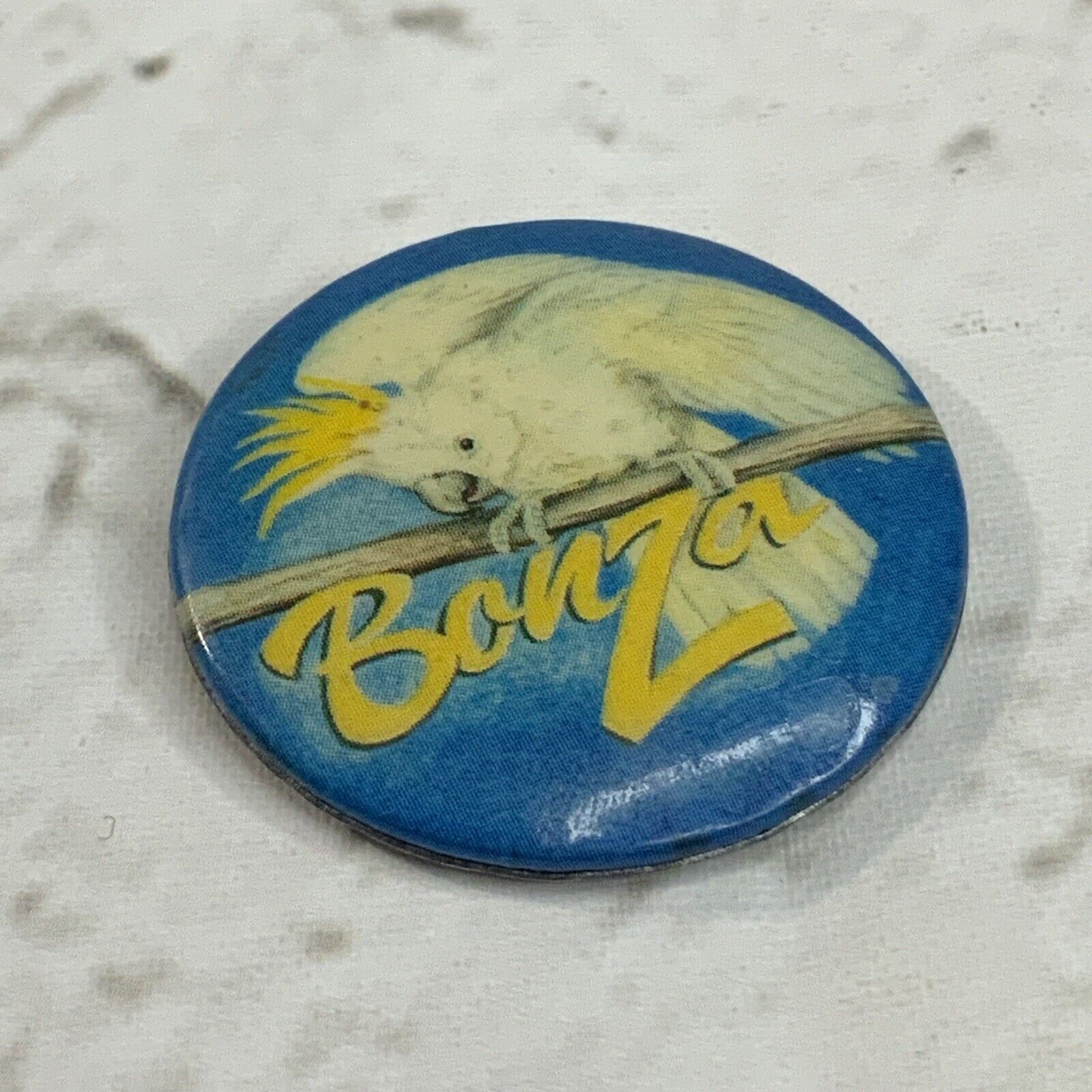 Bonza Button Pin White Parrot Bird Blue Round 1.5” Vintage