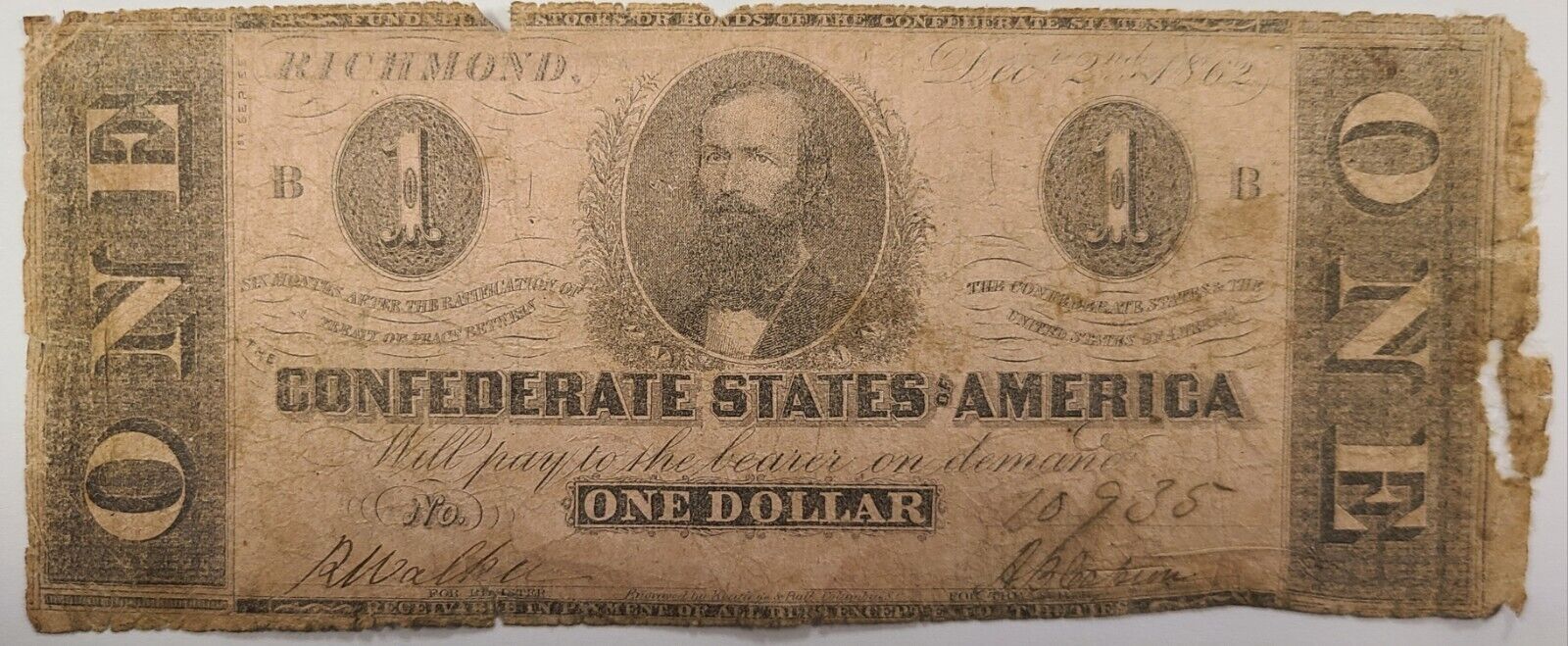 T-55 1862 $1 Confederate States Note S/N 10935 G Good