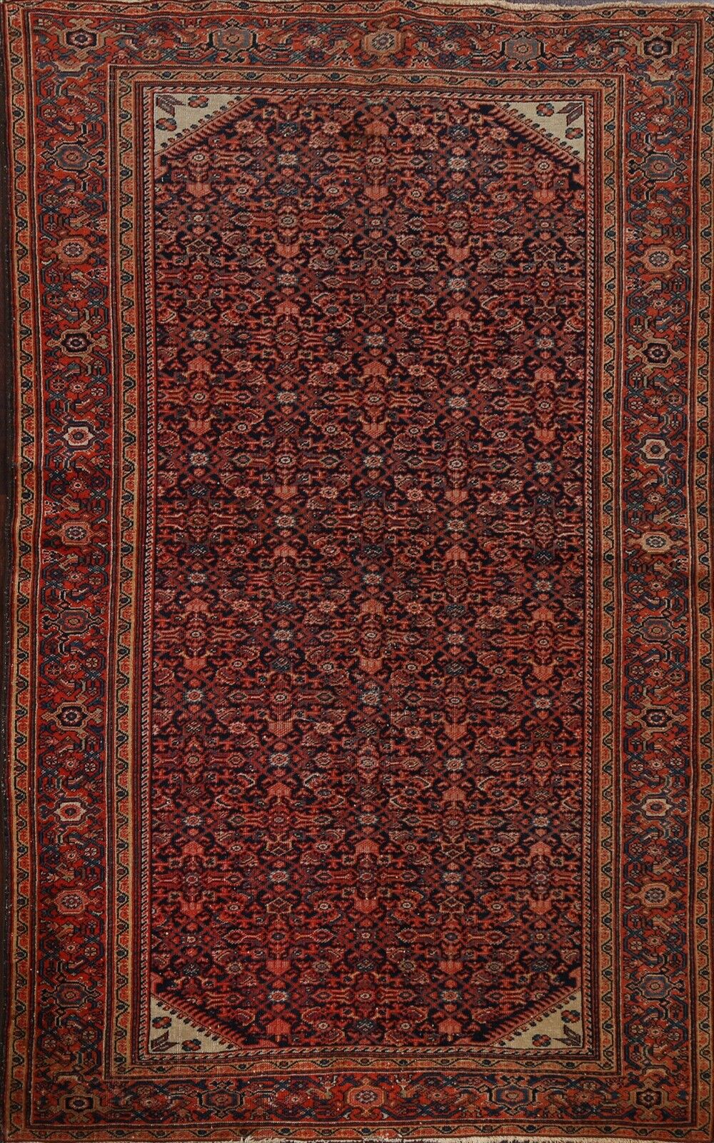 Pre-1900 Antique Geometric Traditional Oriental Area Rug Hand-Knotted 4x7 Carpet