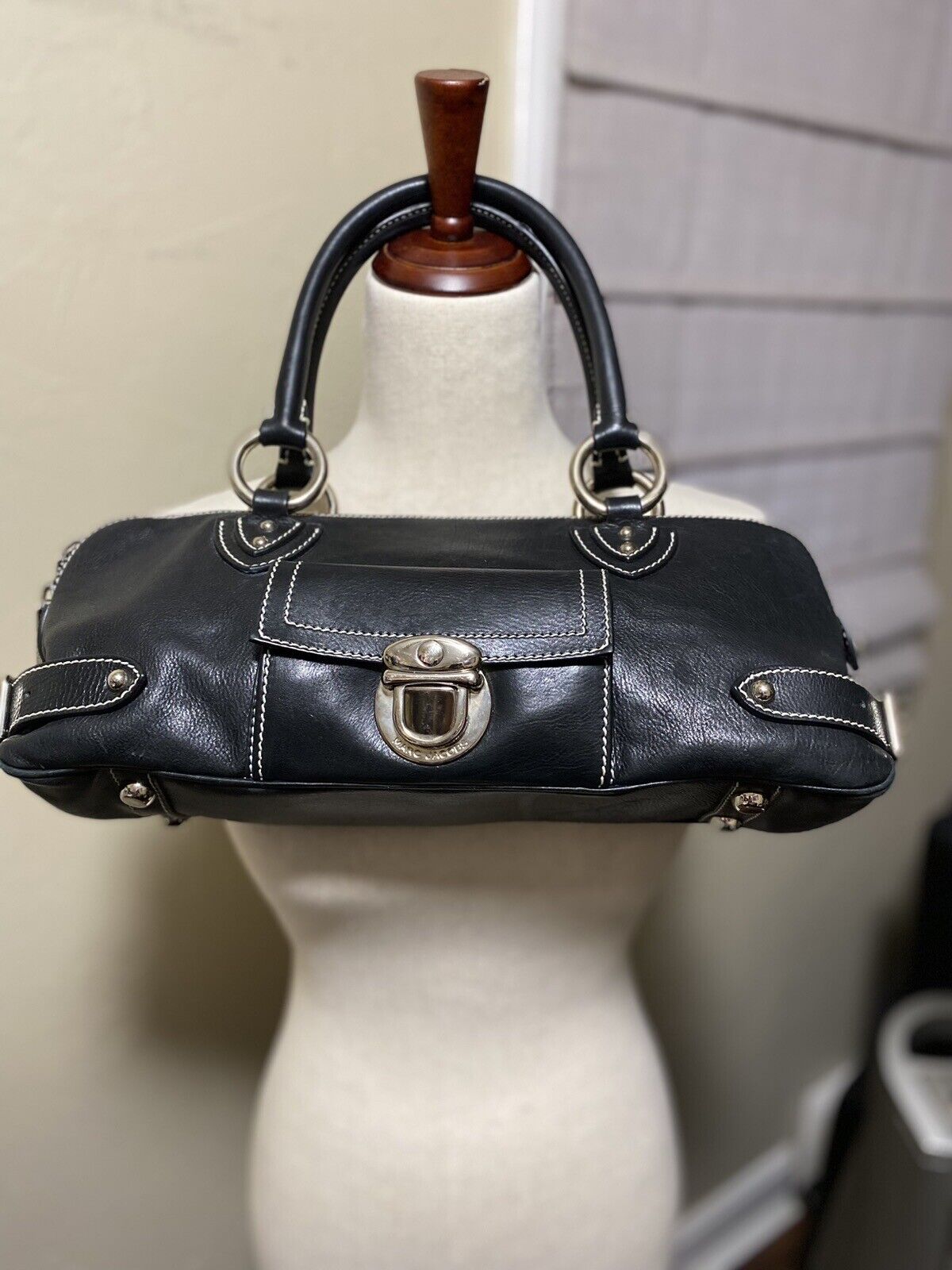 Marc Jacobs Vintage Black Leather Handbag, Shoulder Bag w/ Side Buckle Accents