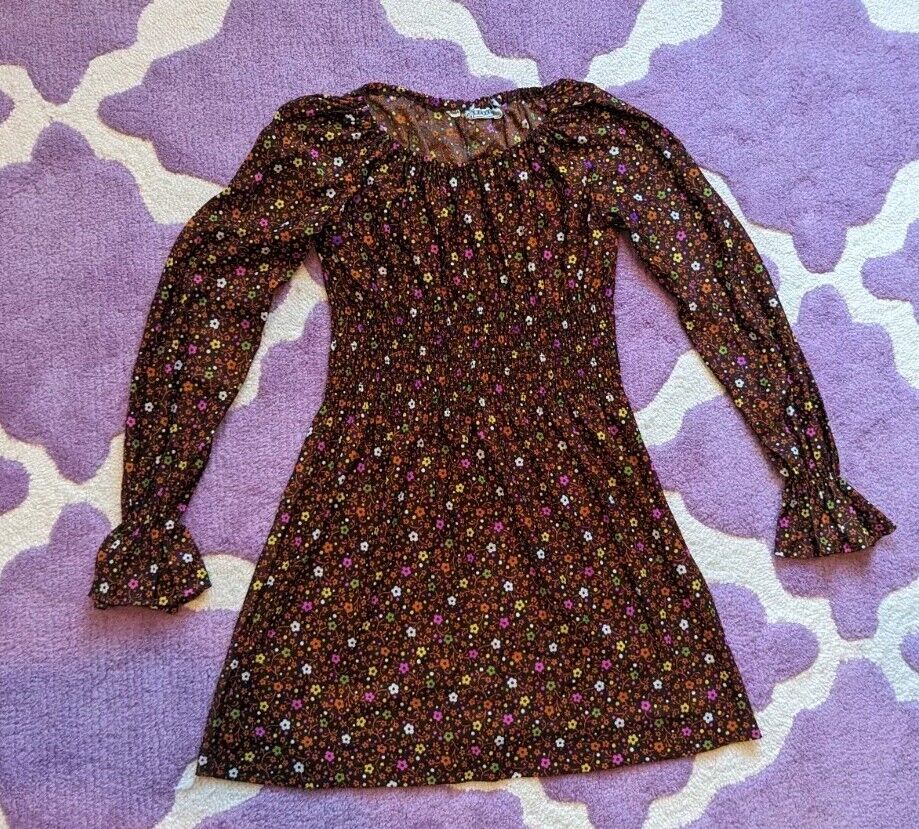 Vintage 70\'s Flower Power Nylon Polyester Smocking Mini Dress Junior Teen XXS/XS
