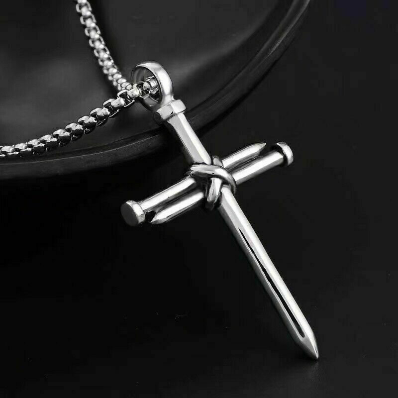 Mens Christ Jesus Nail Rope Cross Pendant Necklace Stainless Steel Chain Silver