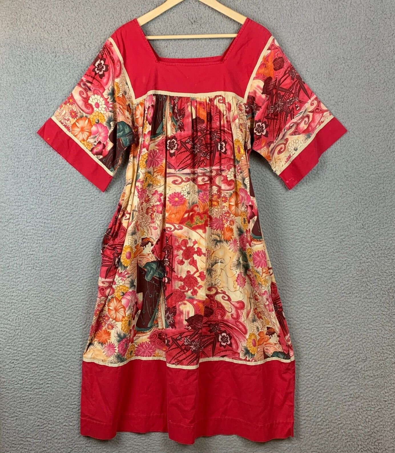 Vintage Krist Gudnason Kaftan Dress Red Hawaiian Floral 60s