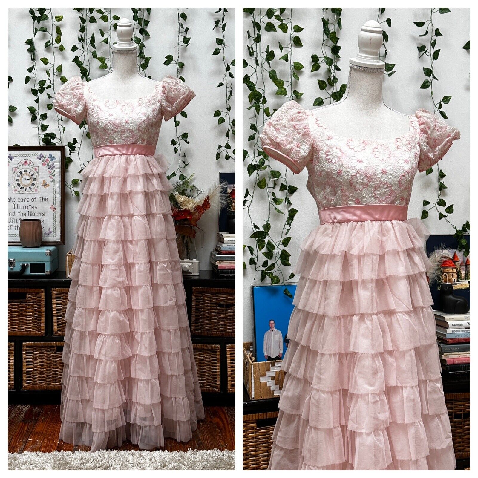 Vintage 60s Maxi Dress Pink Coquette Tiered Ruffles Princess Frilly XXS