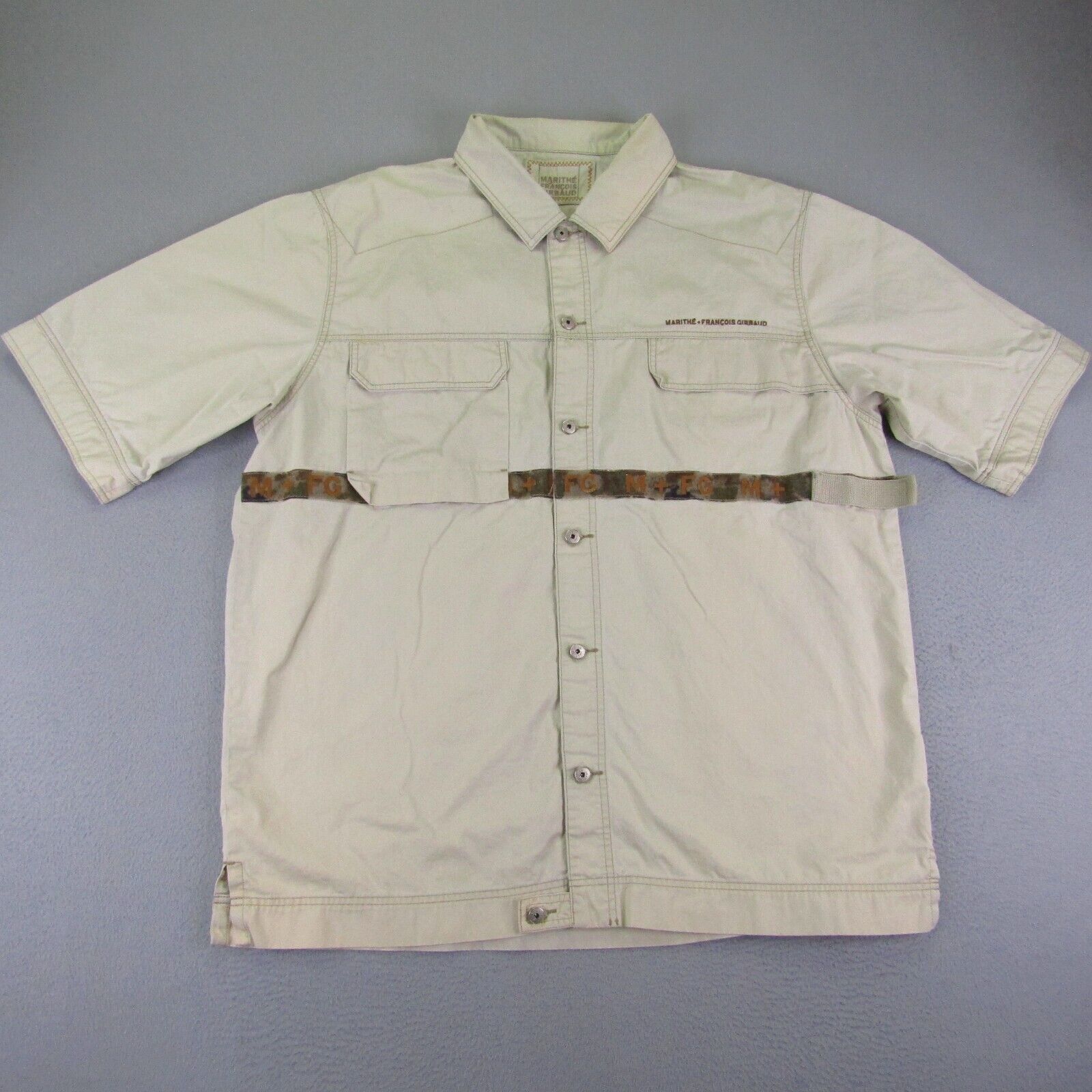 Vintage Marithe Francois Girbaud Shirt Mens XXL Beige Button Up Embroidered Y2K