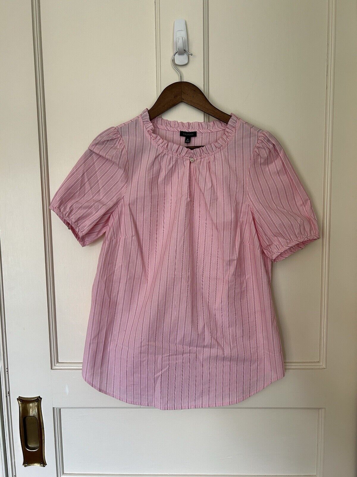 Talbots Ruffle Popover Striped Blouse Womens Size Medium Pink Classic NWT