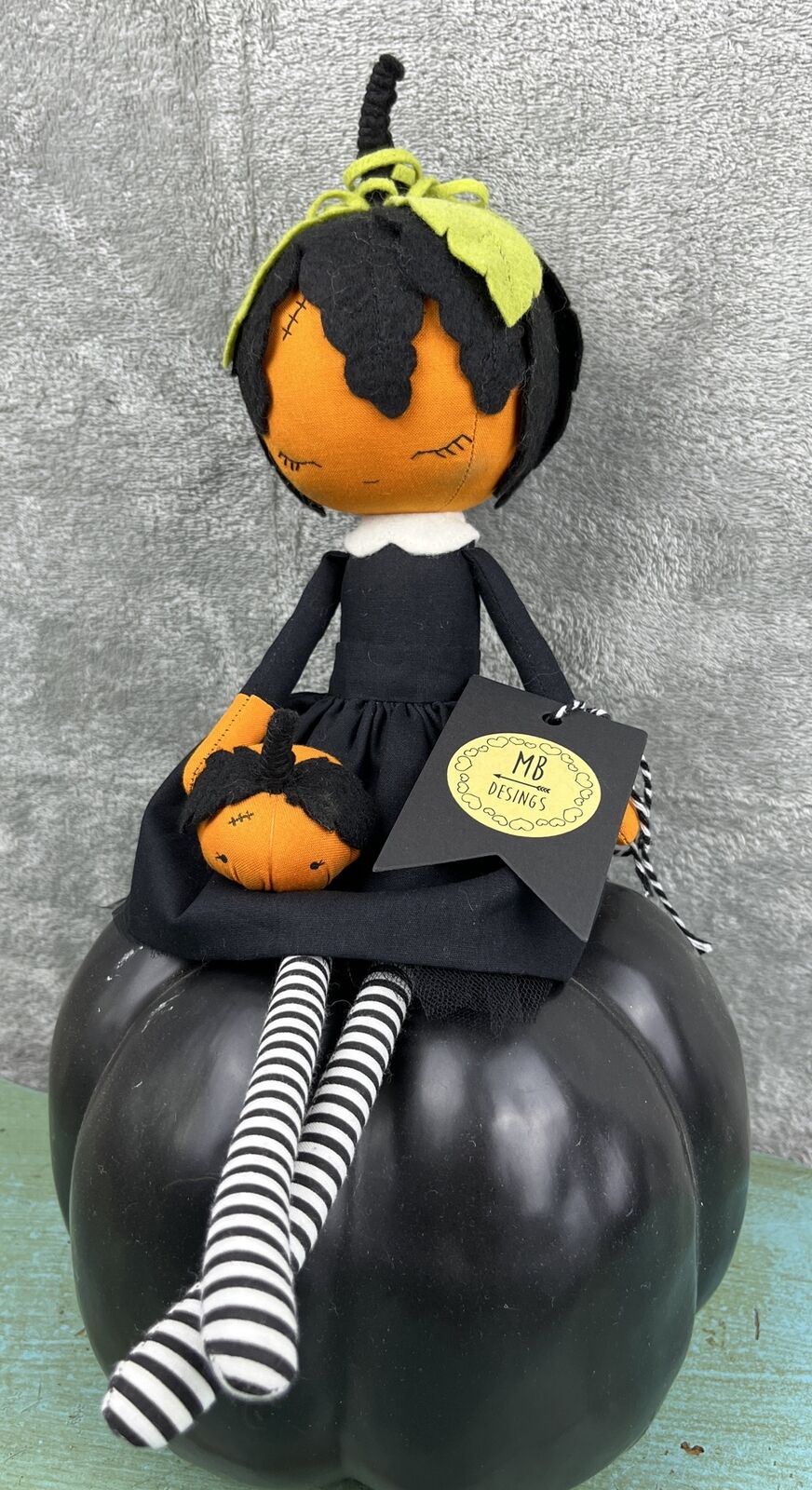 MB Desings Artist OOAK Handmade Fabric Art Doll Plush Pumpkin Halloween