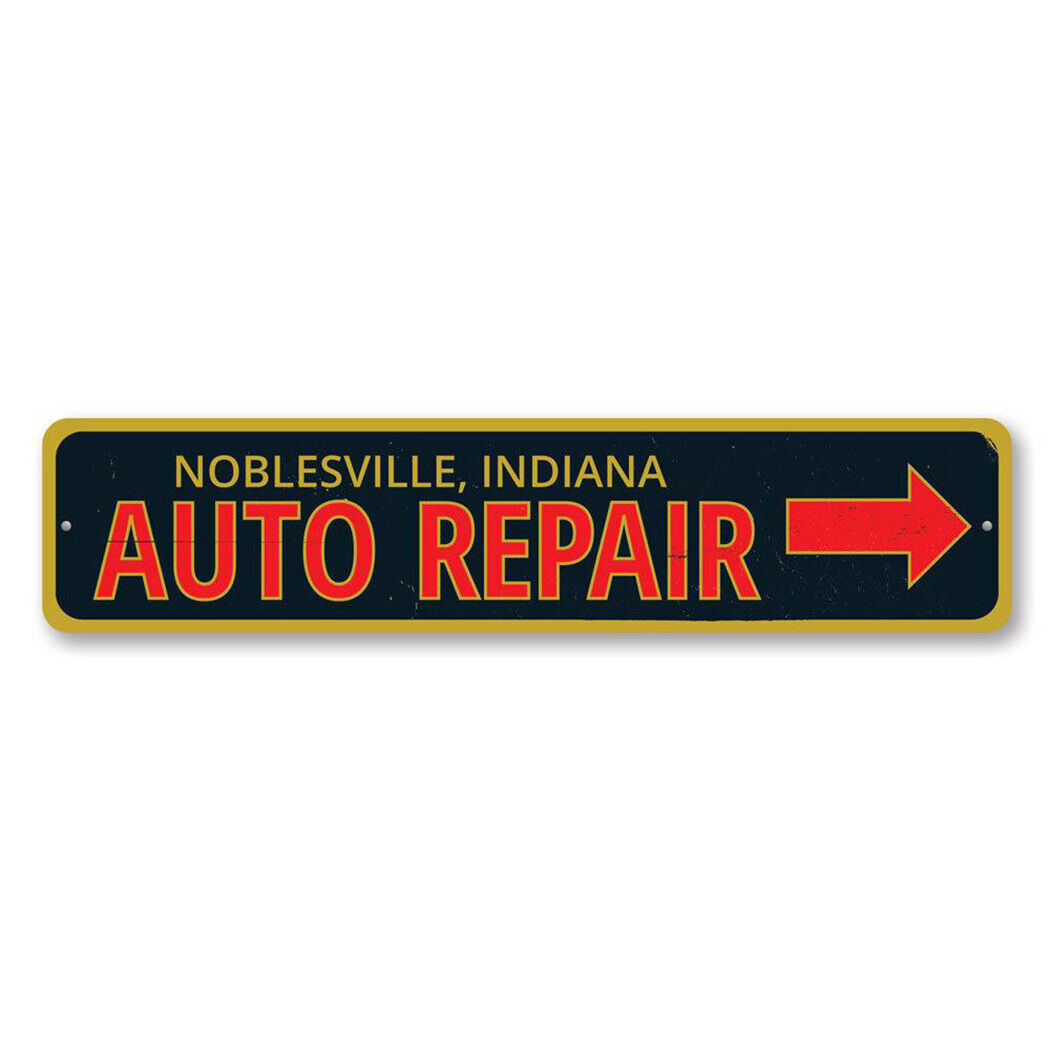 Garage Auto Repair Sign, Personalized Garage Arrow Location City - Aluminum