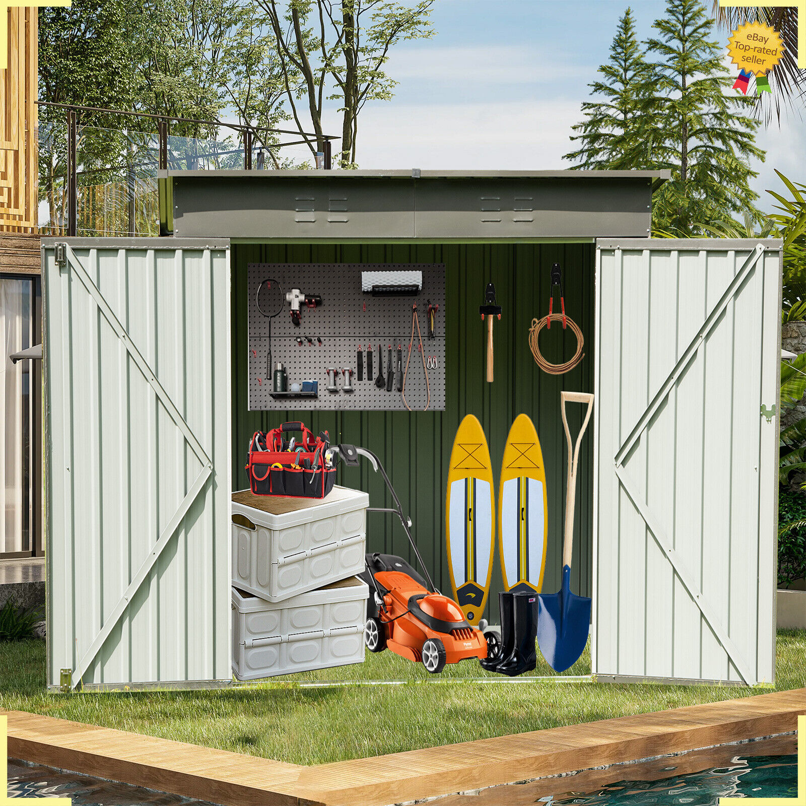 6 x4FT Outdoor Storage Shed Metal Garden Tool Shed w/ Lockable Doors Backyard