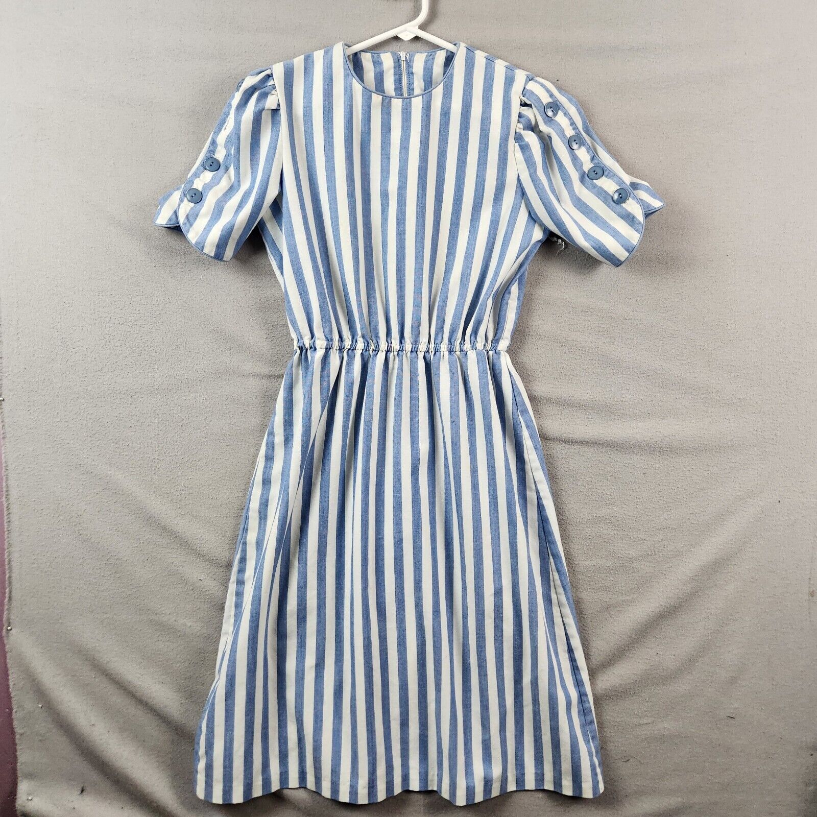 Vintage 60\'s Handmade Mod White Blue Stripe Day Tea Swing Midi Dress Collar Sz 6