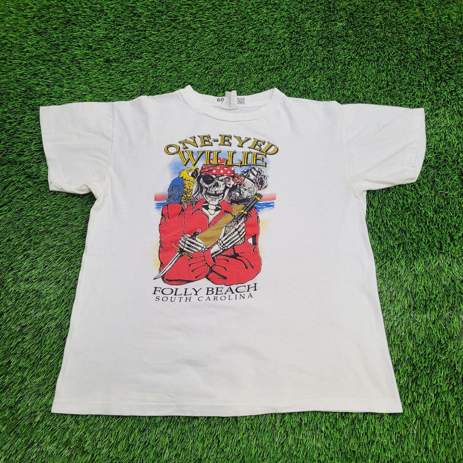 Vintage 90s One-Eyed-Willie Skeleton Pirate Shirt XL 21x23 Folly-Beach USA