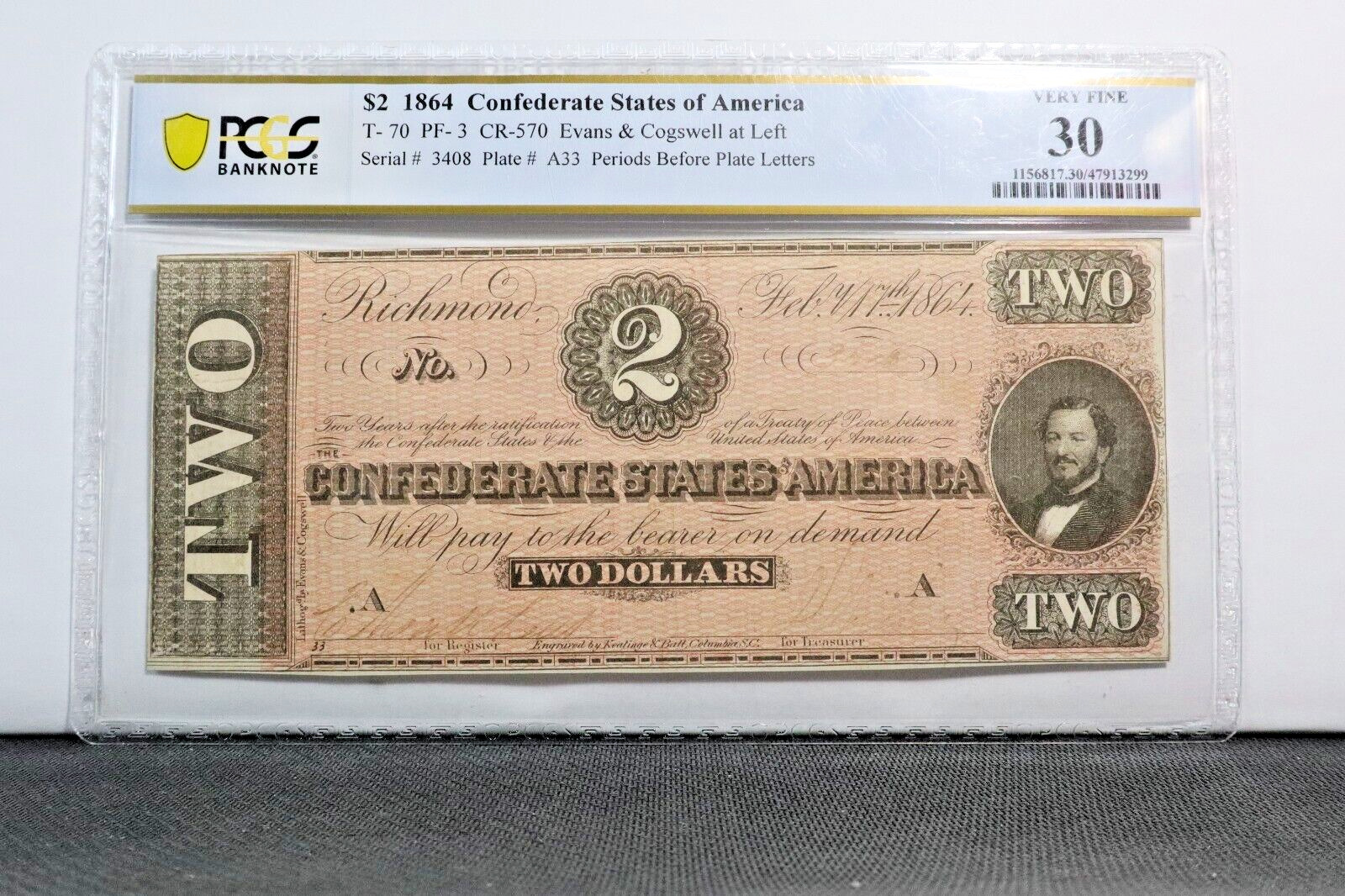 1864 $2 Confederate States of America Note T-70 PCGS 30 VF