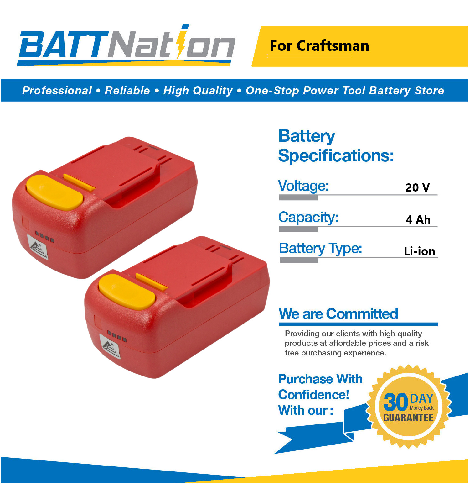 2x 20V 4Ah Li-ion Battery for Craftsman 26302 26314 28128 25708
