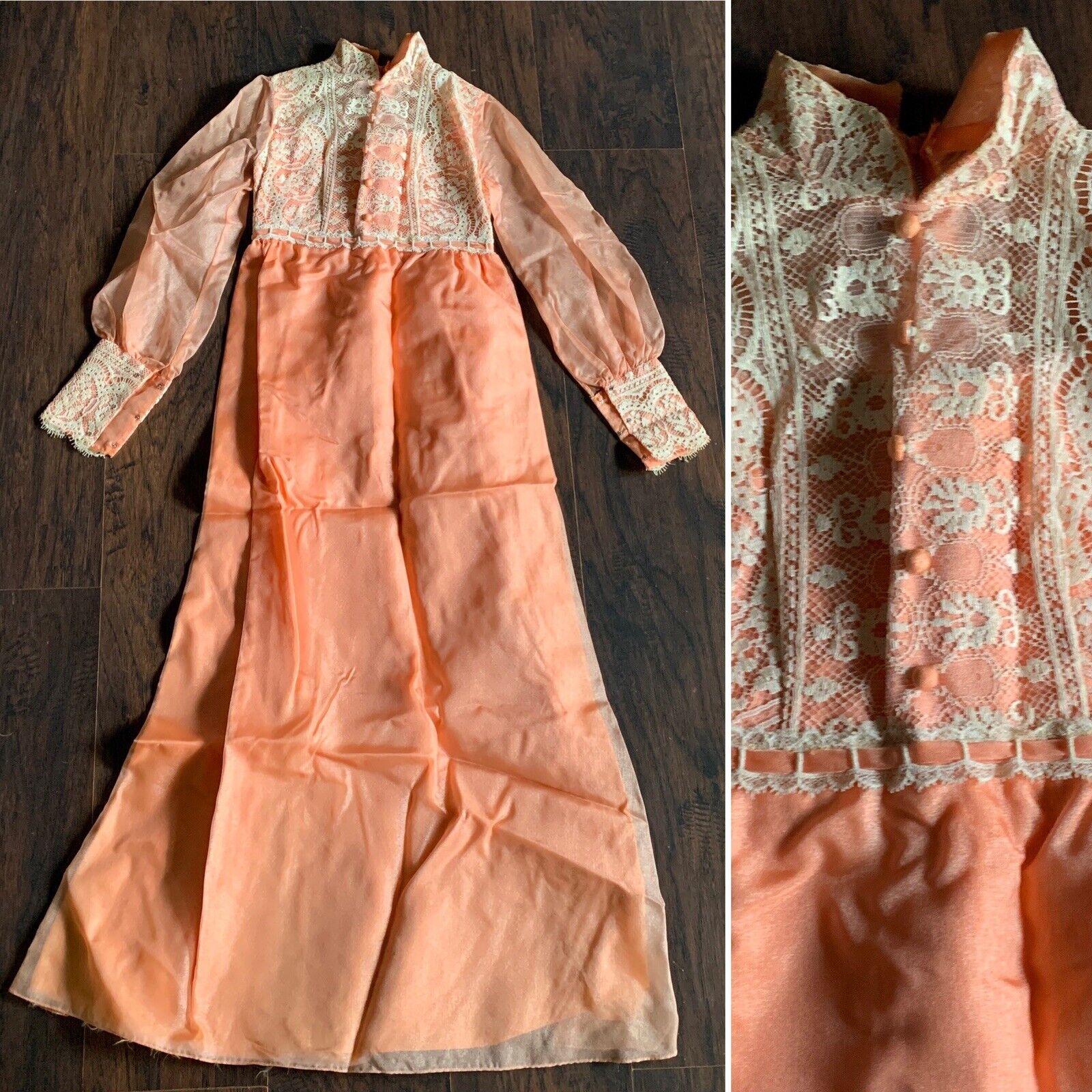 DRESS - Vtg 1970s Salmon/Peach Full-Length Rural Pioneer Gown, Fits Womens SMALL