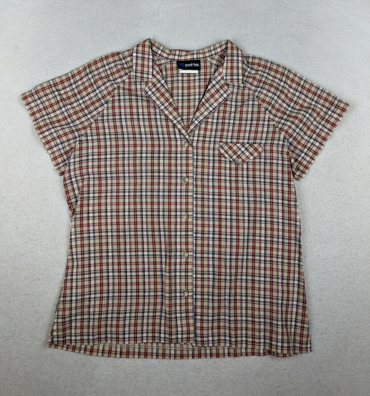 VINTAGE 70s WOMEN\'S BROWN BEIGE PLAID SHORT SLEEVE BUTTON-UP SHIRT TOP - PANTHER