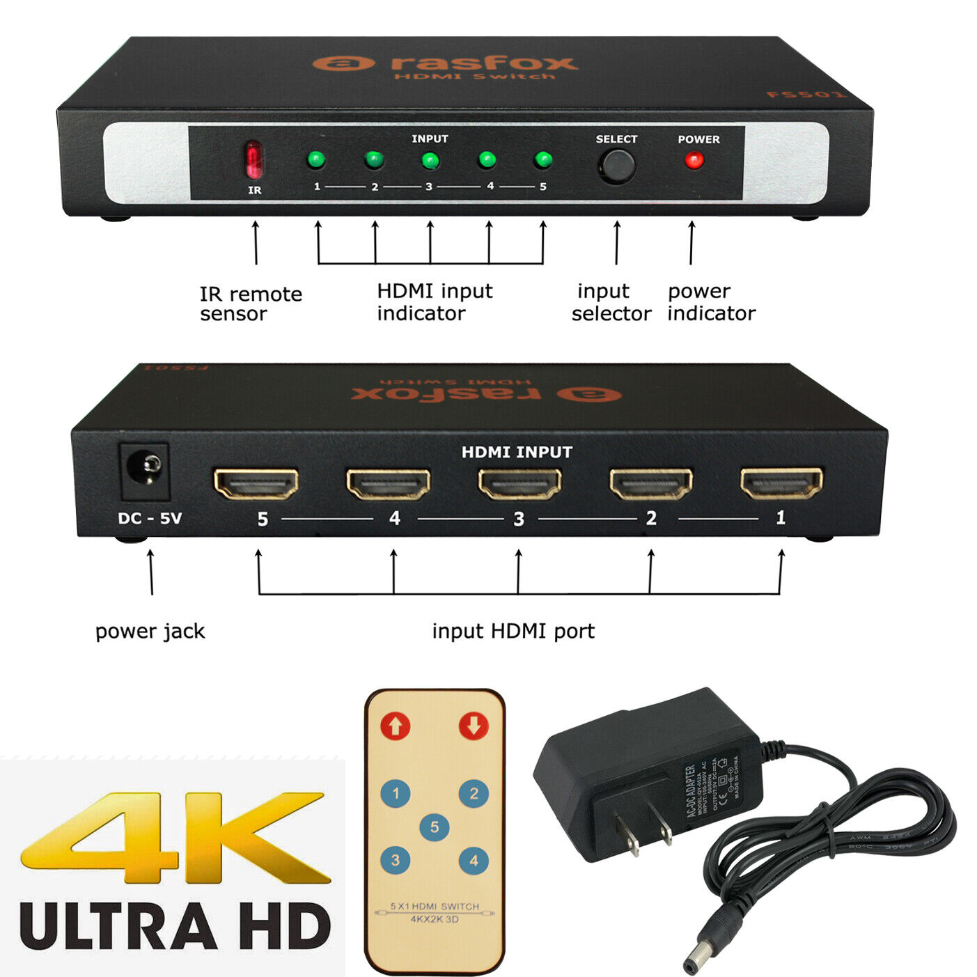 5-Port HDMI Switch 5x1 Switcher Selector Splitter 4K 1080P  +Remote & Power Plug
