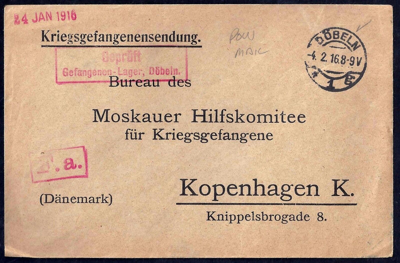 DENMARK 1916 POW PRISONER OF WAR COVER DOBELN TO KOPENHAGEN RARE