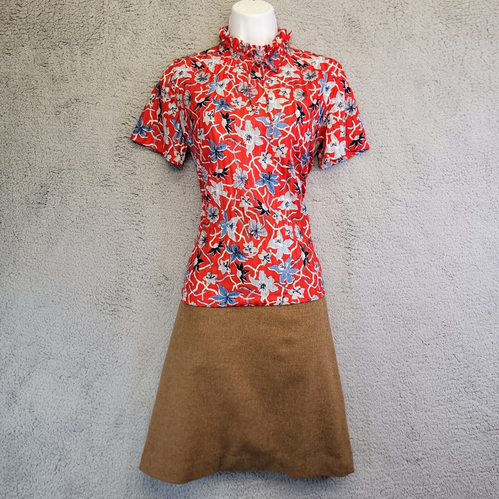 VTG 70\'s Graff Floral Polyester Shirt & A-line Skirt Outfit Set Size 12