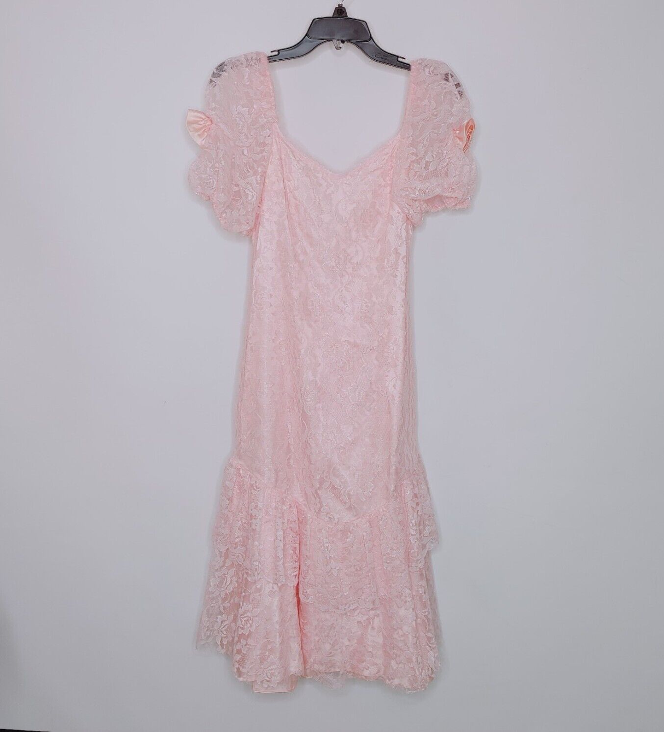 Vintage 80s Pink Lace Dress Size 7/8 Union Made Puff Sleeves