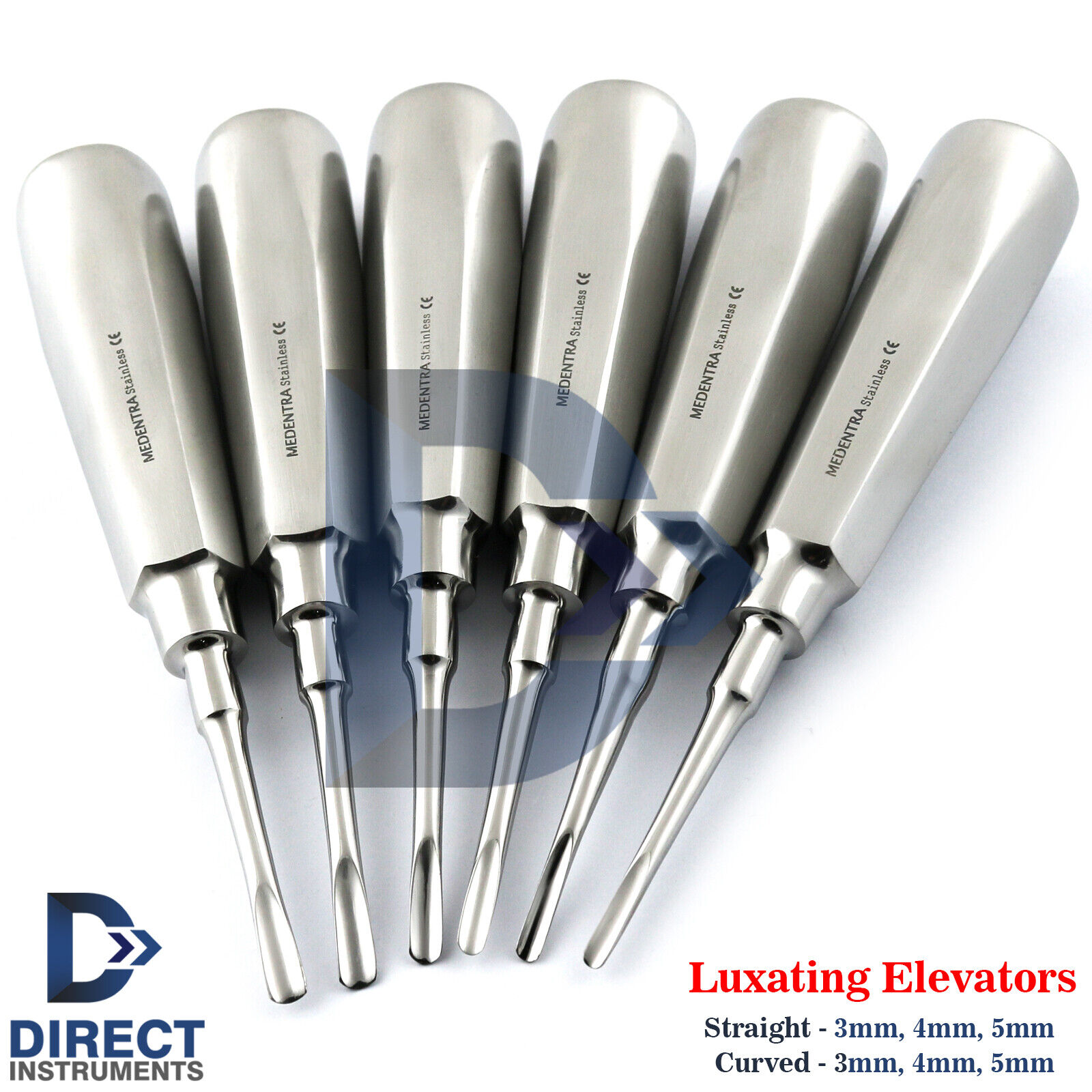 Set Of 6 Dental Luxating Elevators Straight Curved Shank Surgical Extraction Kit