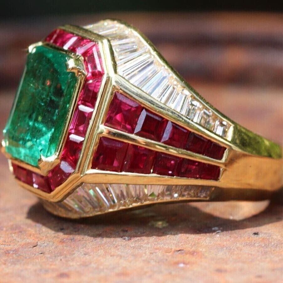 14K Gold Plated Silver 4ct Emerald Simulated Emerald &Ruby Men\'s Engagement Ring