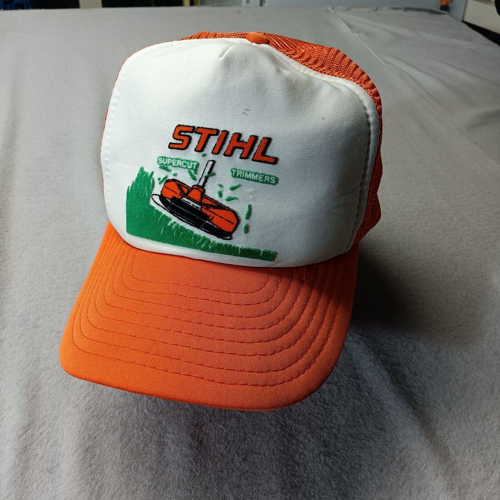 Vintage Stihl Chainsaw Hat Cap Orange White Supercut Trimmer Mesh Foam