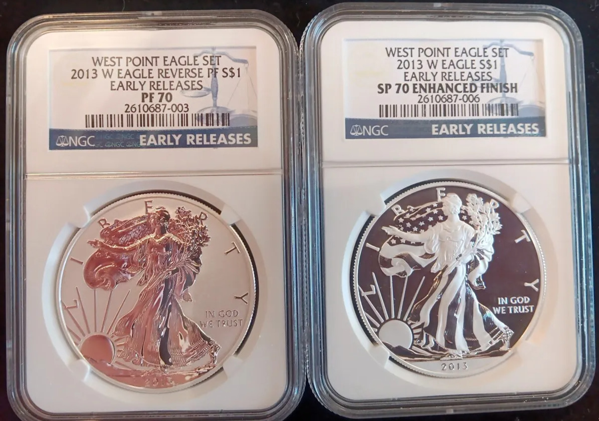 2013-W Reverse Proof Silver Eagle PF70 & Enhanced SP70 2-coin set NGC ER