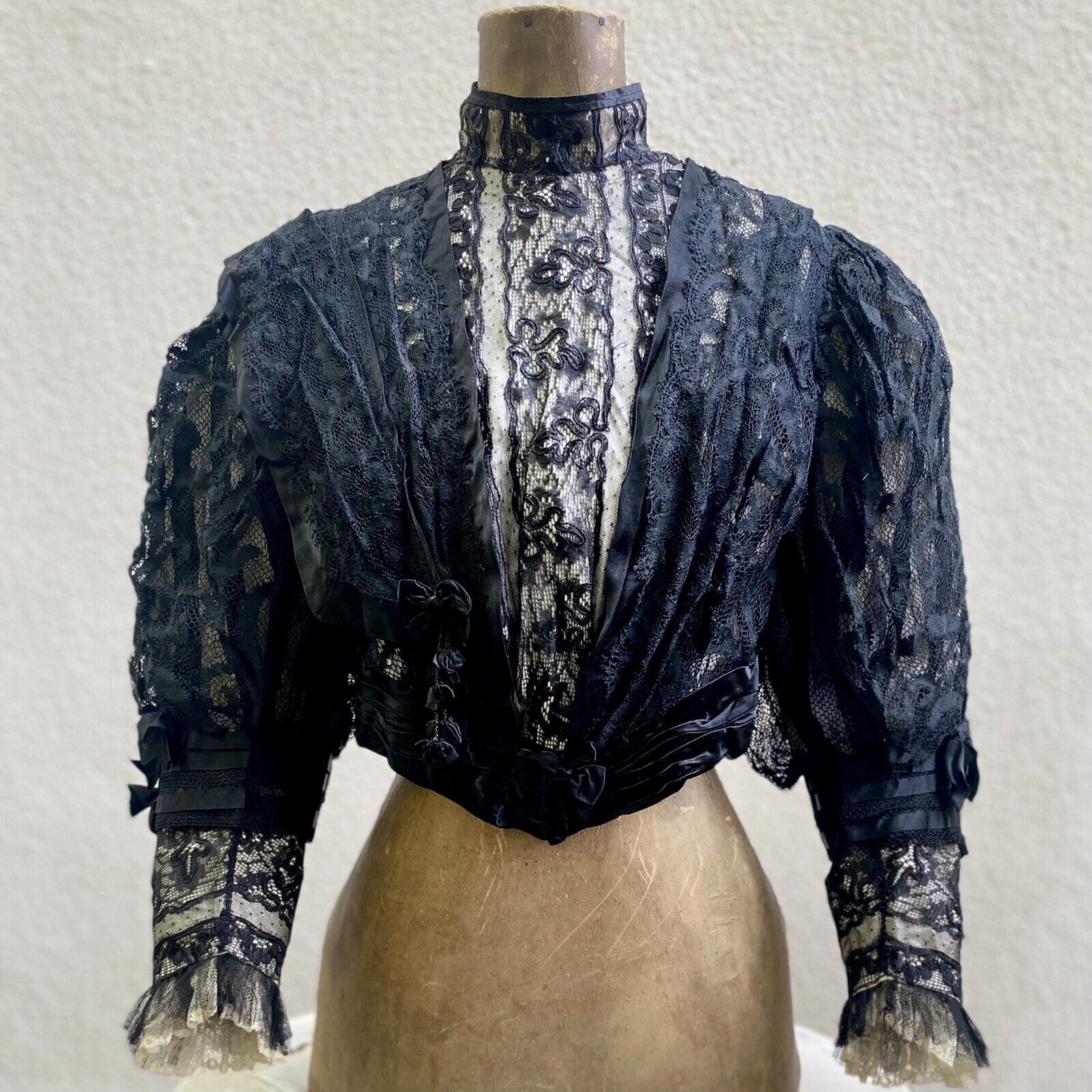 Antique Victorian Edwardian 1890s 1900s Black Lace & Bows Bodice Top Jacket S/M