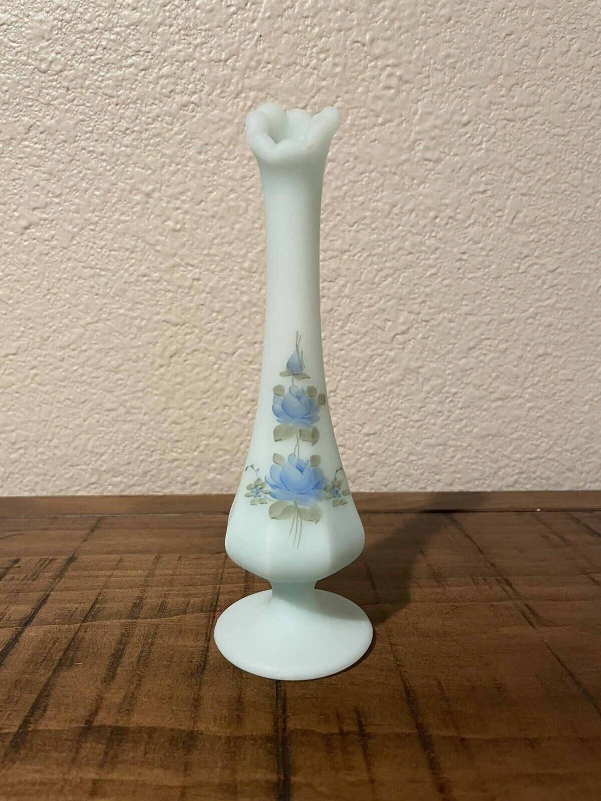 Vintage Fenton Blue Satin Glass Swung Bud Vase Hand Painted Signed 1960’s