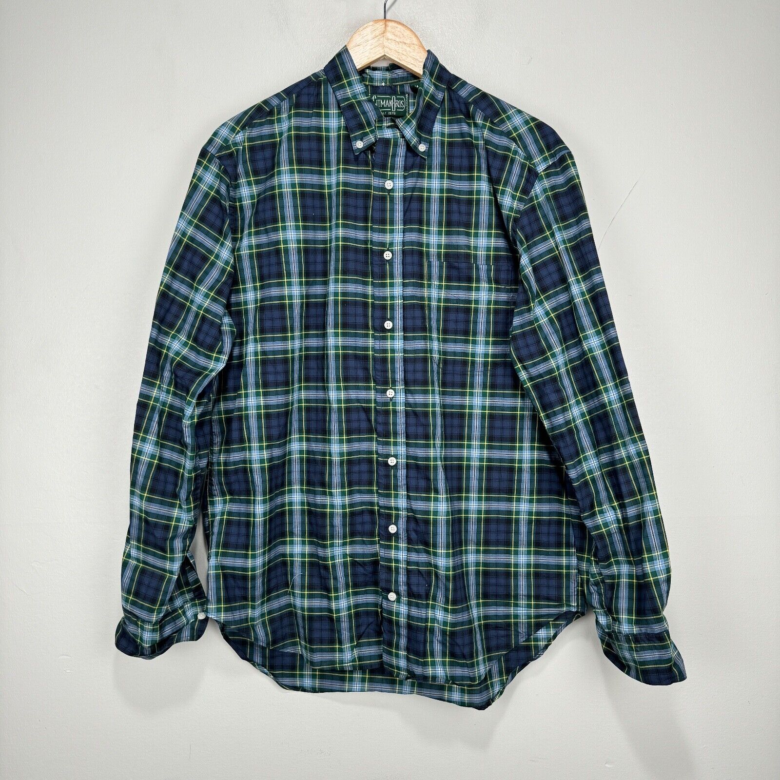Gitman Bros Vintage Button Shirt Men Medium Green Blue Check Cotton USA Made