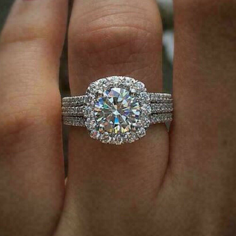 Vintage 3.5CT Round Cut Moissanite Halo Engagement Ring 14k White Gold Plated