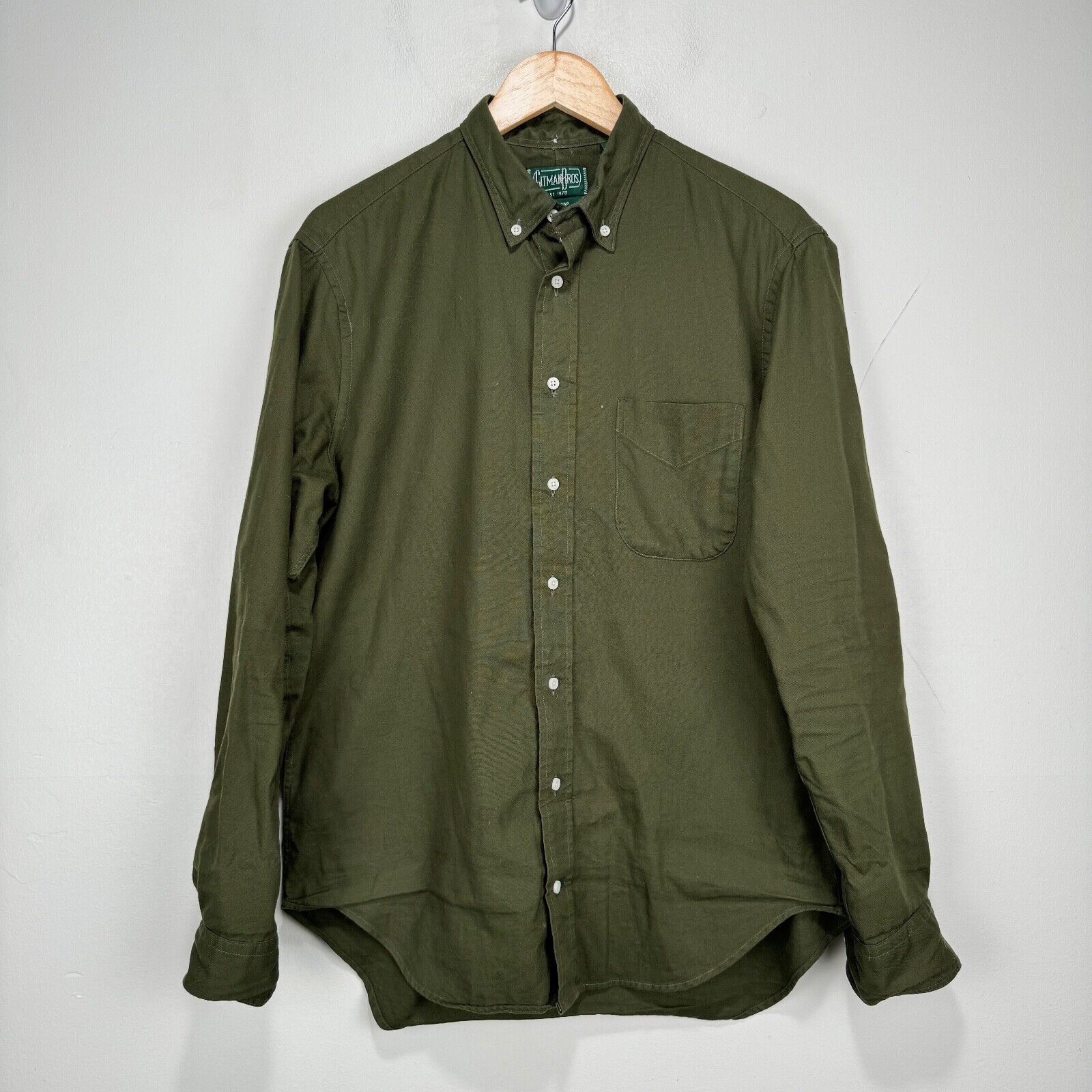 Gitman Bros Vintage Button Shirt Men Medium 16 34 Olive Green Cotton USA Made